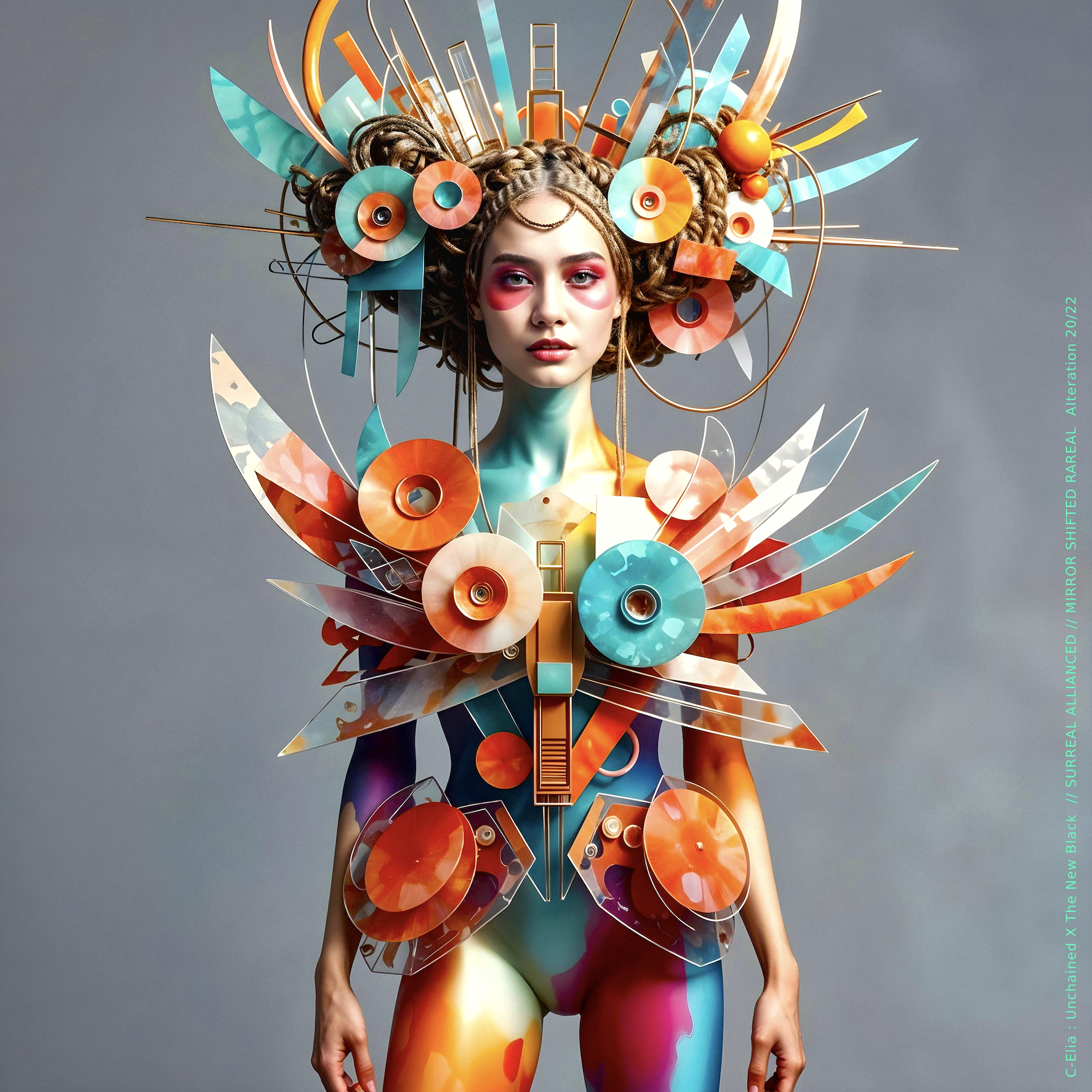 Surreal haute meta couture NFT silhouette from C-Elia: Unchained, Thenewblacked Allianced Liminal, created in collaboration with tThe New Black, merging resin, glass, acrylic and light into a living prism of translucent geometry.