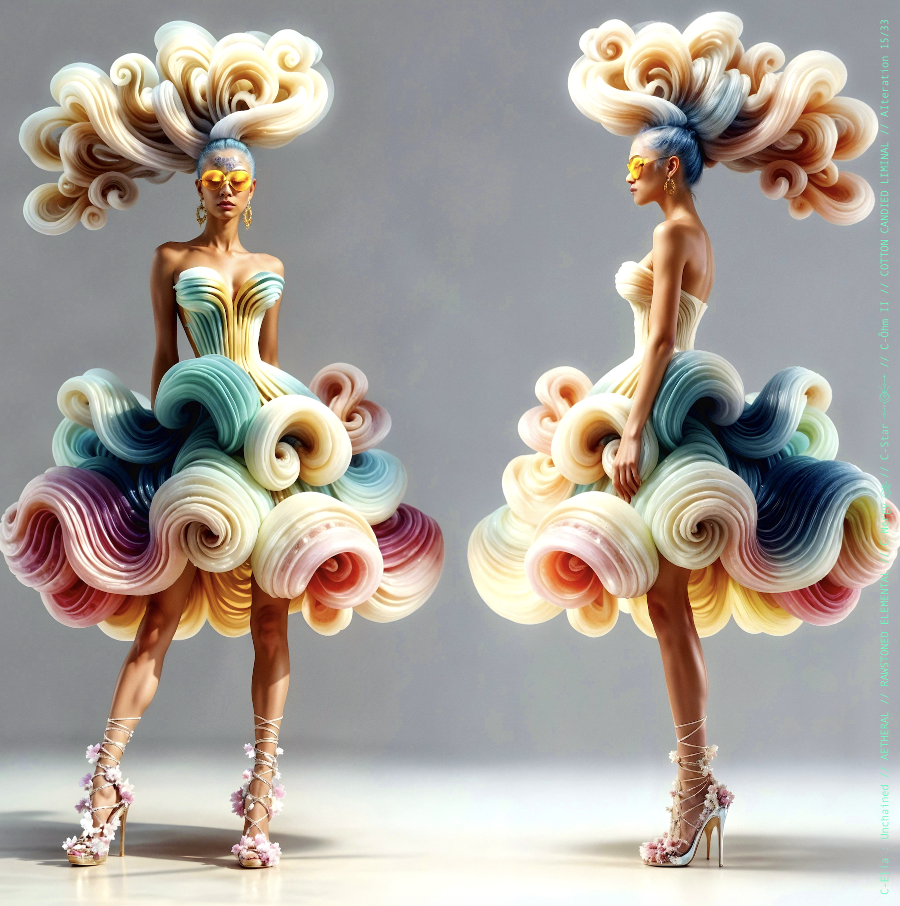 Surreal haute meta couture NFT silhouette from C Elia: Unchained, Cotton Candied Liminal collection, inspired by pastel cotton candy clouds and Khmer gold tattoos, merging sweetness, rebellion and couture into a living vaporous sculpture.