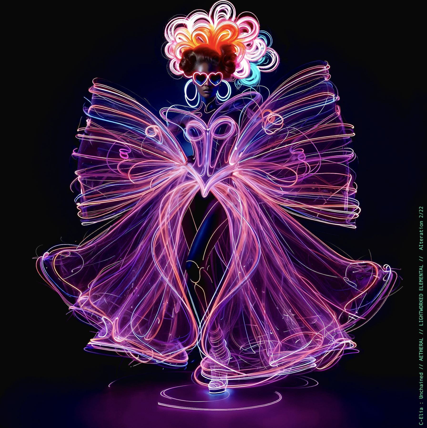 Surreal haute meta couture NFT silhouette from C-Elia: Unchained, Lightworked Elemental collection, a luminous architectural form sketched entirely in neon-painted lines and glowing contours, blending avant-garde light geometry with ethereal couture energy.
