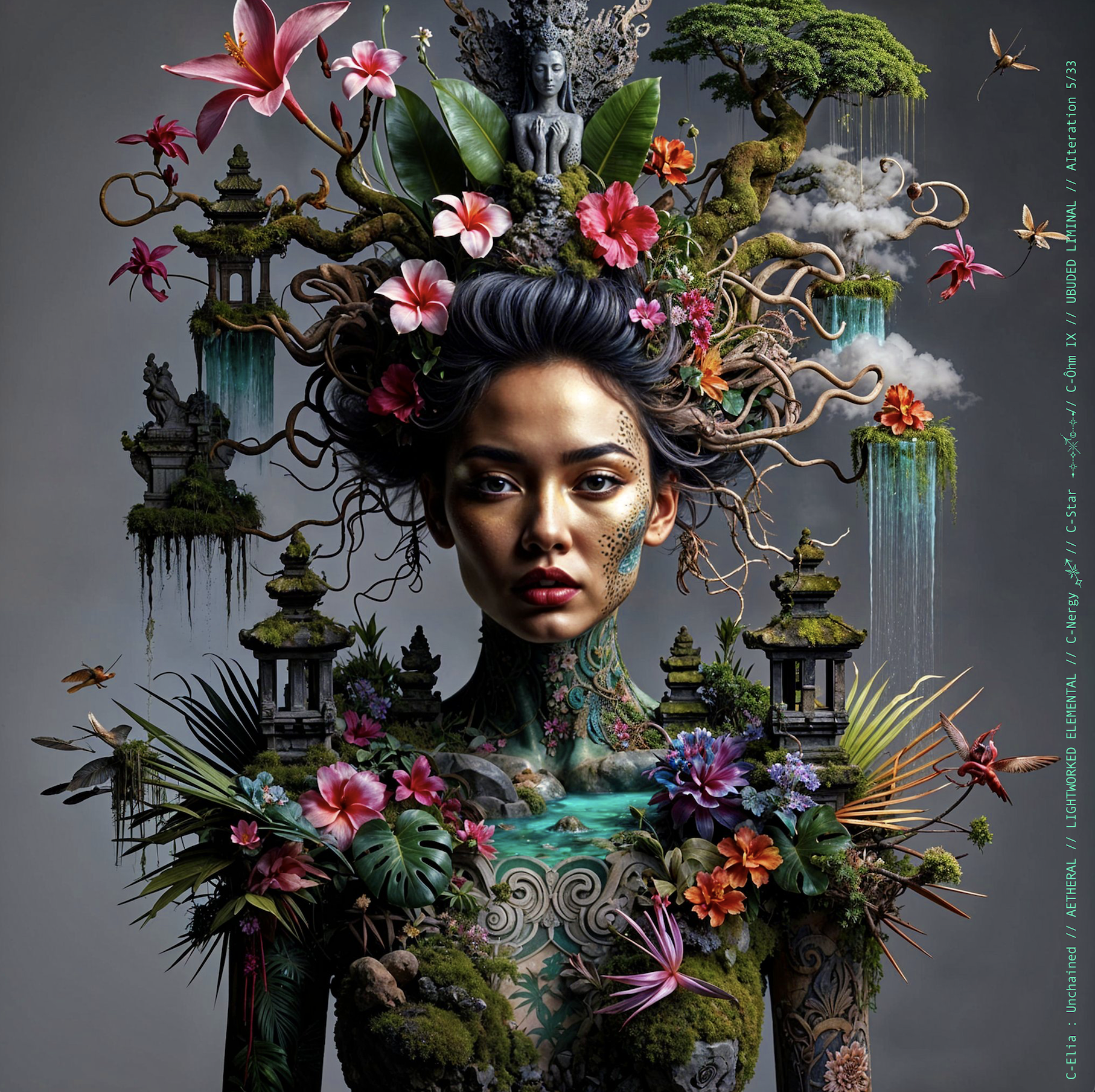 Surreal haute meta couture NFT silhouette from C Elia Unchained, Ubuded Liminal collection, merging tropical Balinese garden architecture, volcanic stone, drifting petals, incense smoke and sacred botanical couture inspired by Asian Dub Foundation’s “Witness.”