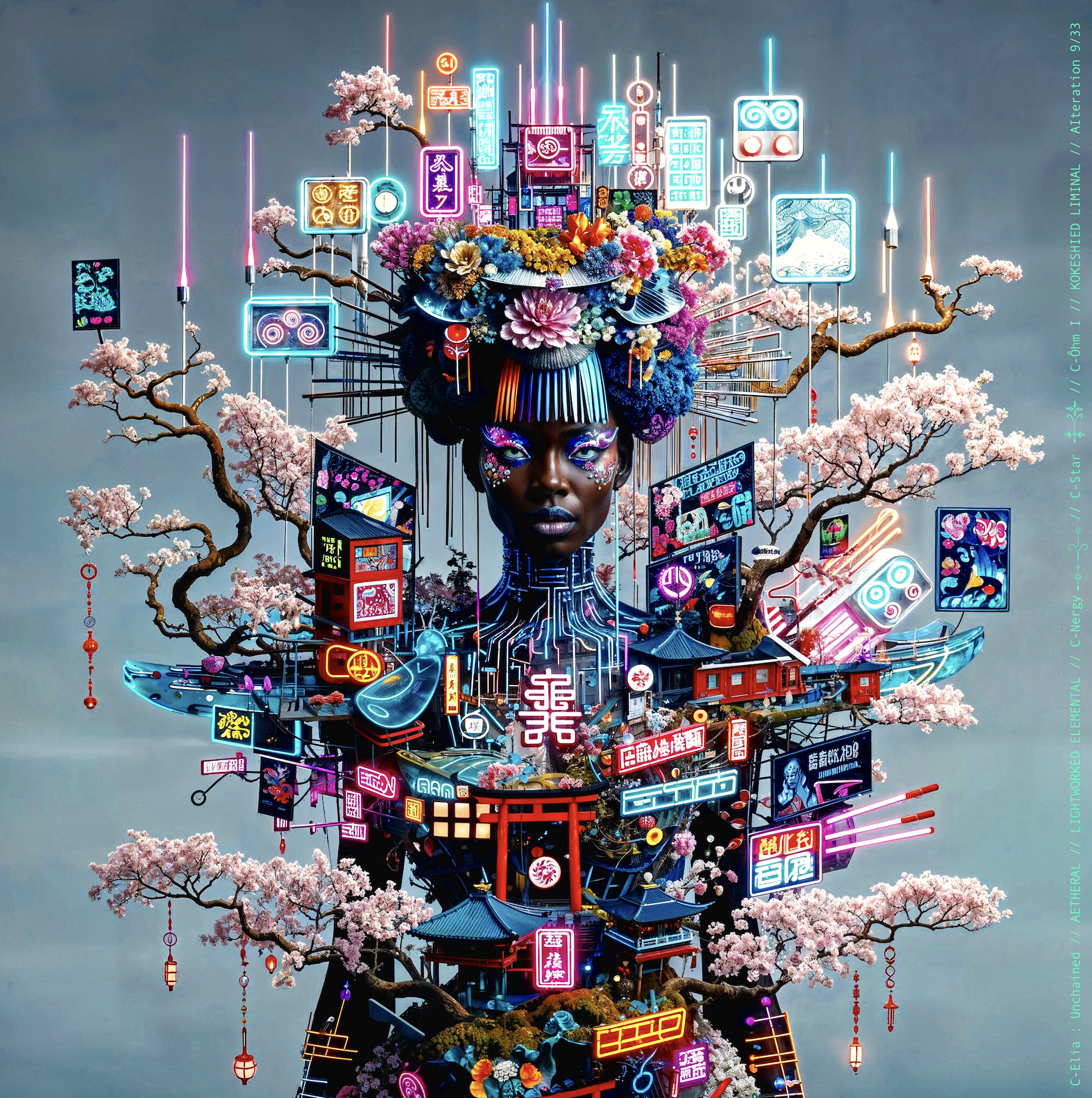 Surreal haute meta couture NFT silhouette from C-Elia: Unchained, Kokeshied Liminal, a fusion of Kyoto serenity and Shibuya light embodied in a living digital shrine.