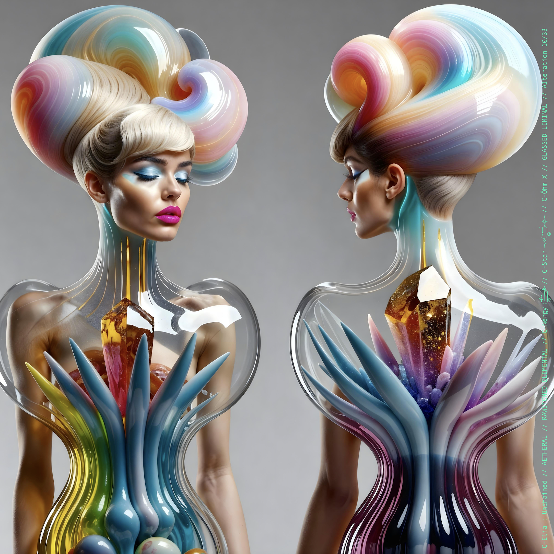 Surreal haute meta couture NFT silhouette from C-Elia: Unchained, Glassed Liminal collection, inspired by blown glass and molten light, merging fragility, transparency and grandeur into an avant garde architectural couture sculpture.