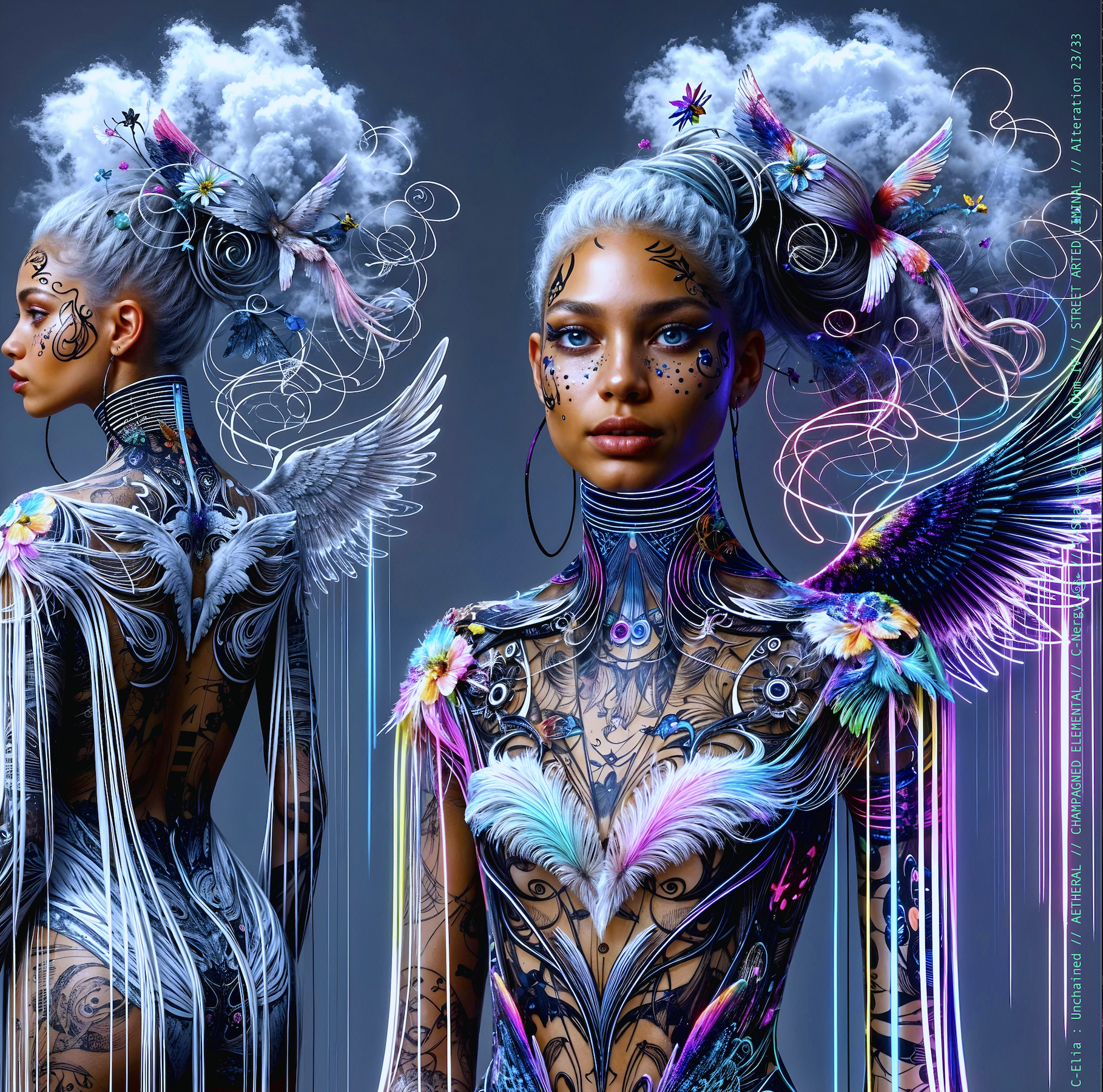 Surreal haute meta couture NFT silhouette from C Elia Unchained, Streetarted Liminal collection, merging liquid graffiti textures, neon mist, chromatic drips and atmospheric street-paint couture.