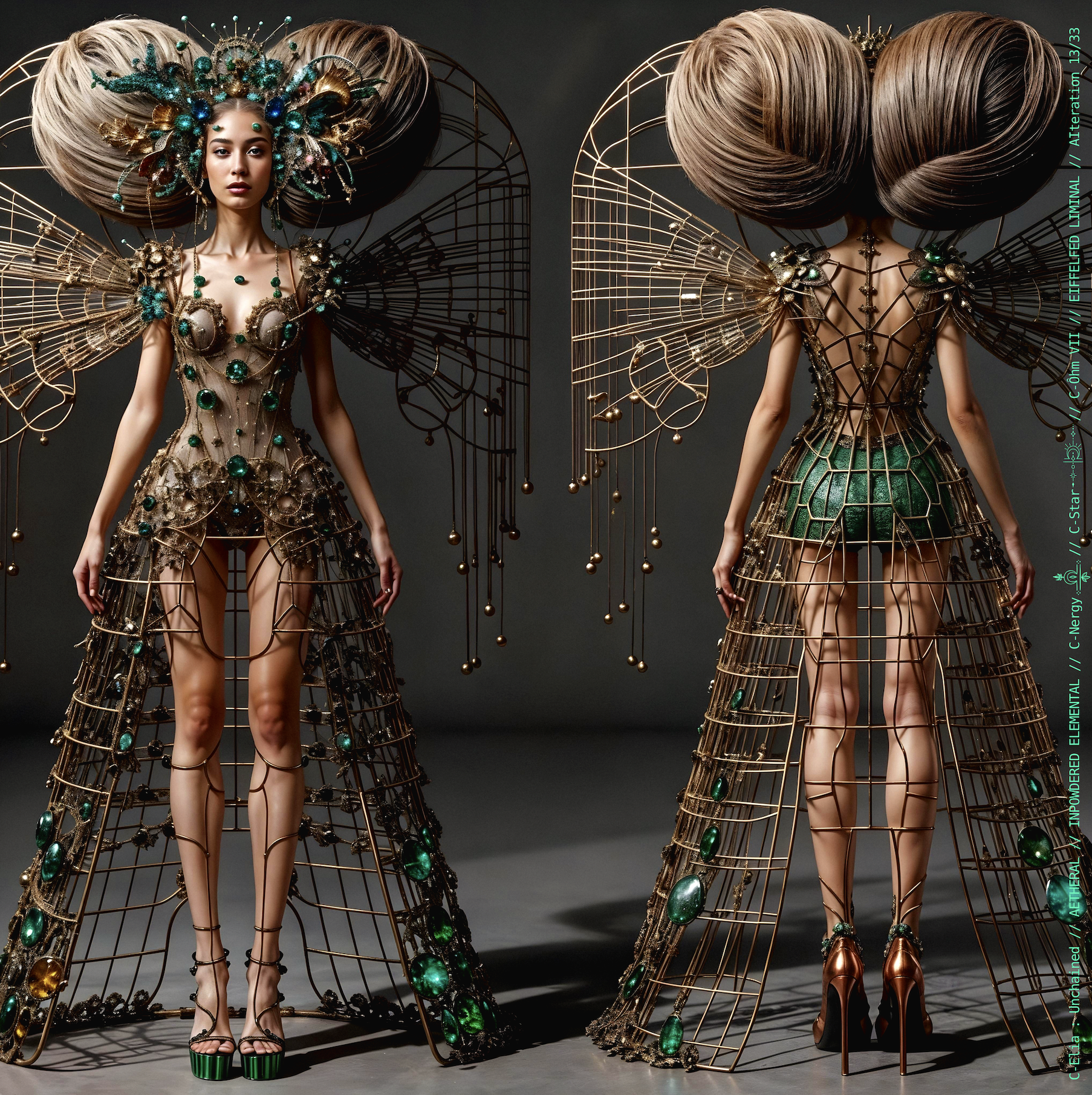 Surreal haute meta couture NFT silhouette from C Elia Unchained, Eiffelfed Liminal collection, merging openwork copper metal, emerald braids, metallic glyph makeup and Parisian architectural couture infused with the atmospheric pulse of Massive Attack and Mad Professor’s “Three.”