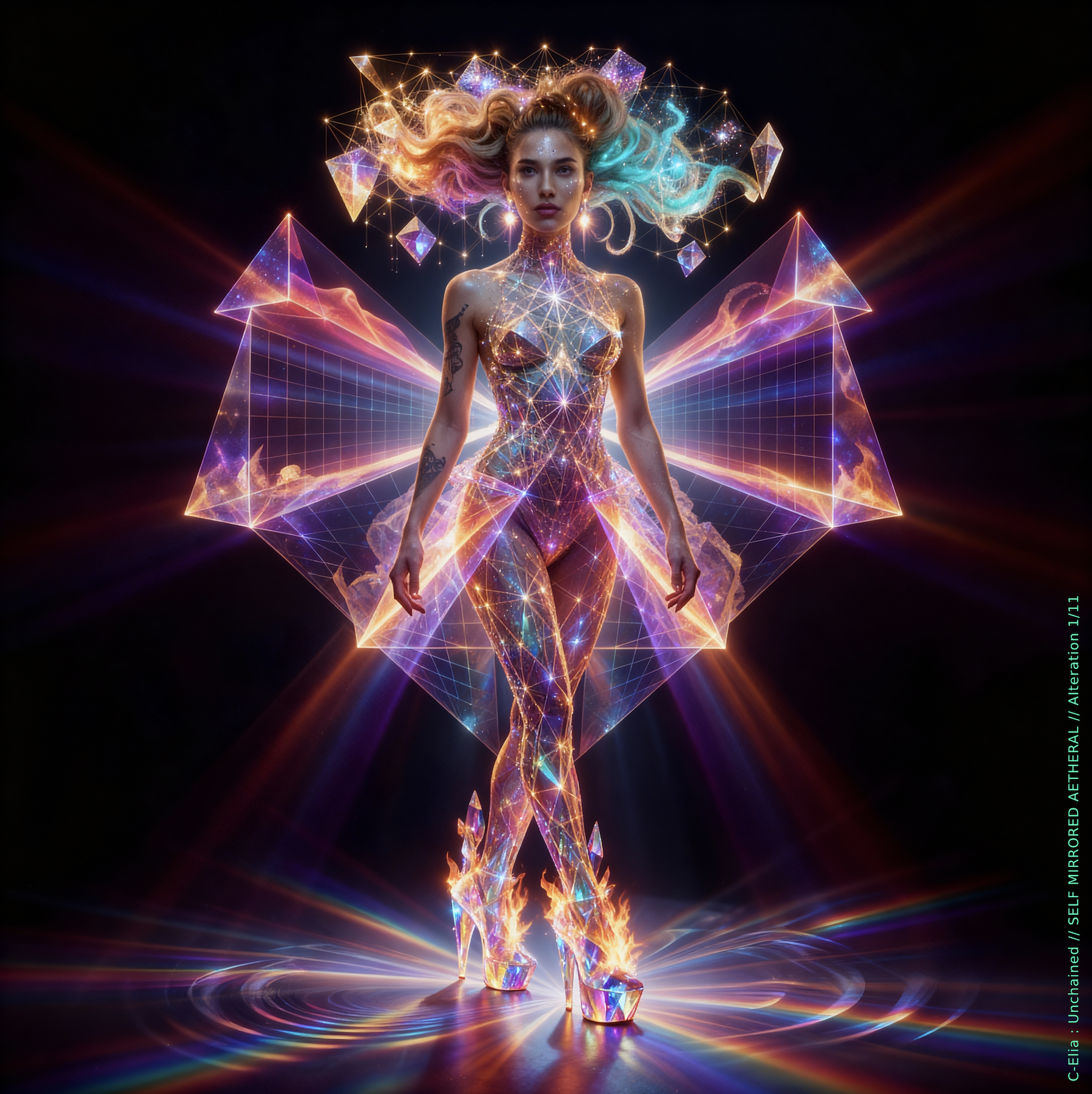 Surreal haute meta couture NFT silhouette from C Elia Unchained, Self Mirrored Aetheral collection, merging sacred geometry, plasma light, spectral prisms and refracted fire into a multidimensional couture structure inspired by M I A’s Bells Collection mixtape.