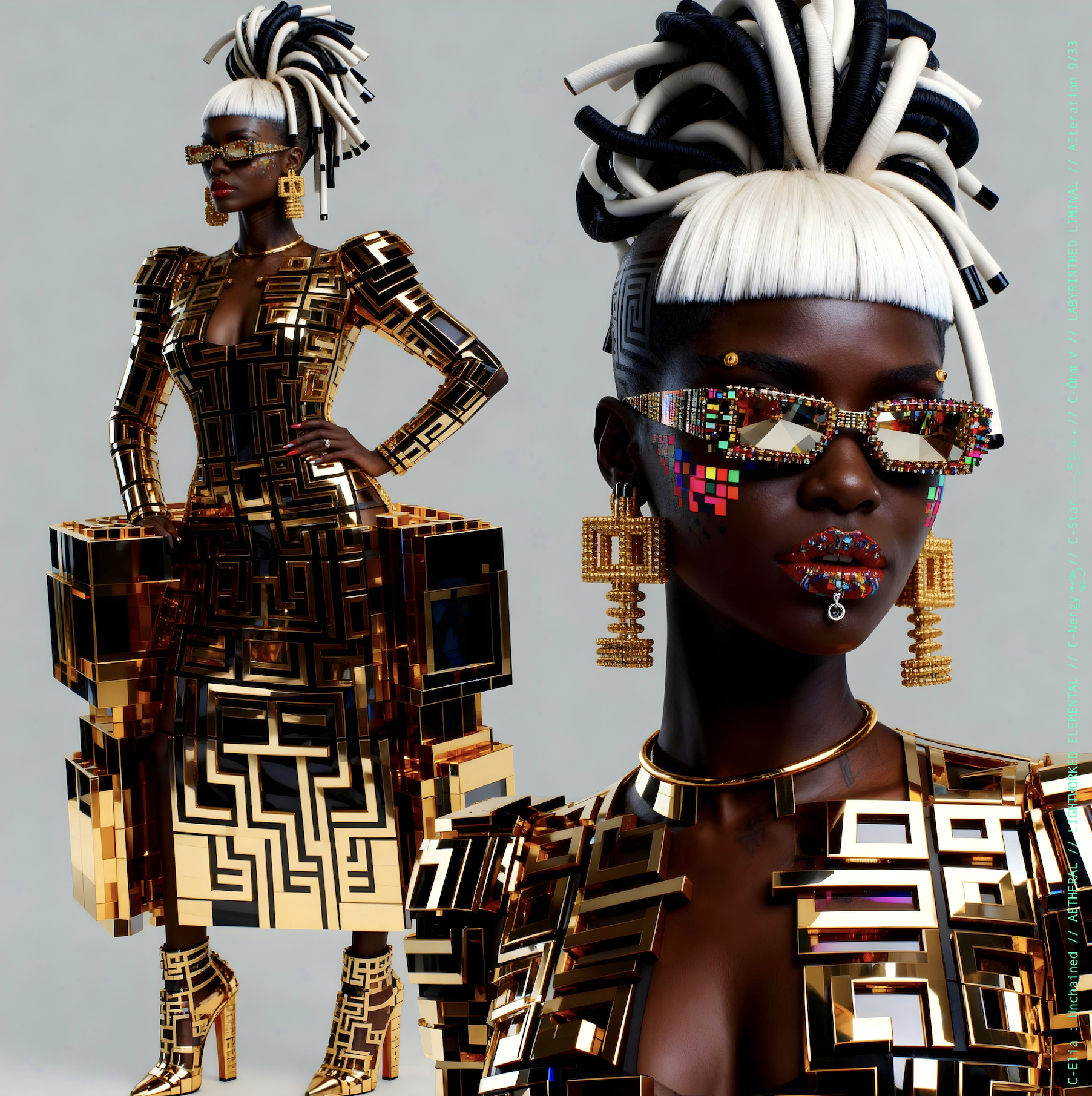 Surreal haute meta couture NFT silhouette from C Elia Unchained, Labyrinthed Liminal collection, inspired by mirrored labyrinth geometry and the chromatic echo of Blue Boy’s “Remember Me,” merging pixel tattoos, gold voxel structures and reflective couture architecture.
