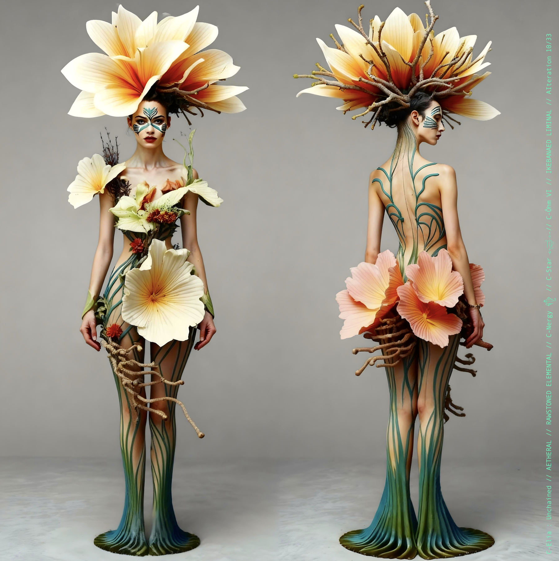 Surreal haute meta couture NFT silhouette from C-Elia: Unchained, Ikebanaed Liminal collection, inspired by floral architecture and Japanese composition, merging nature, geometry and serenity into a living couture sculpture.