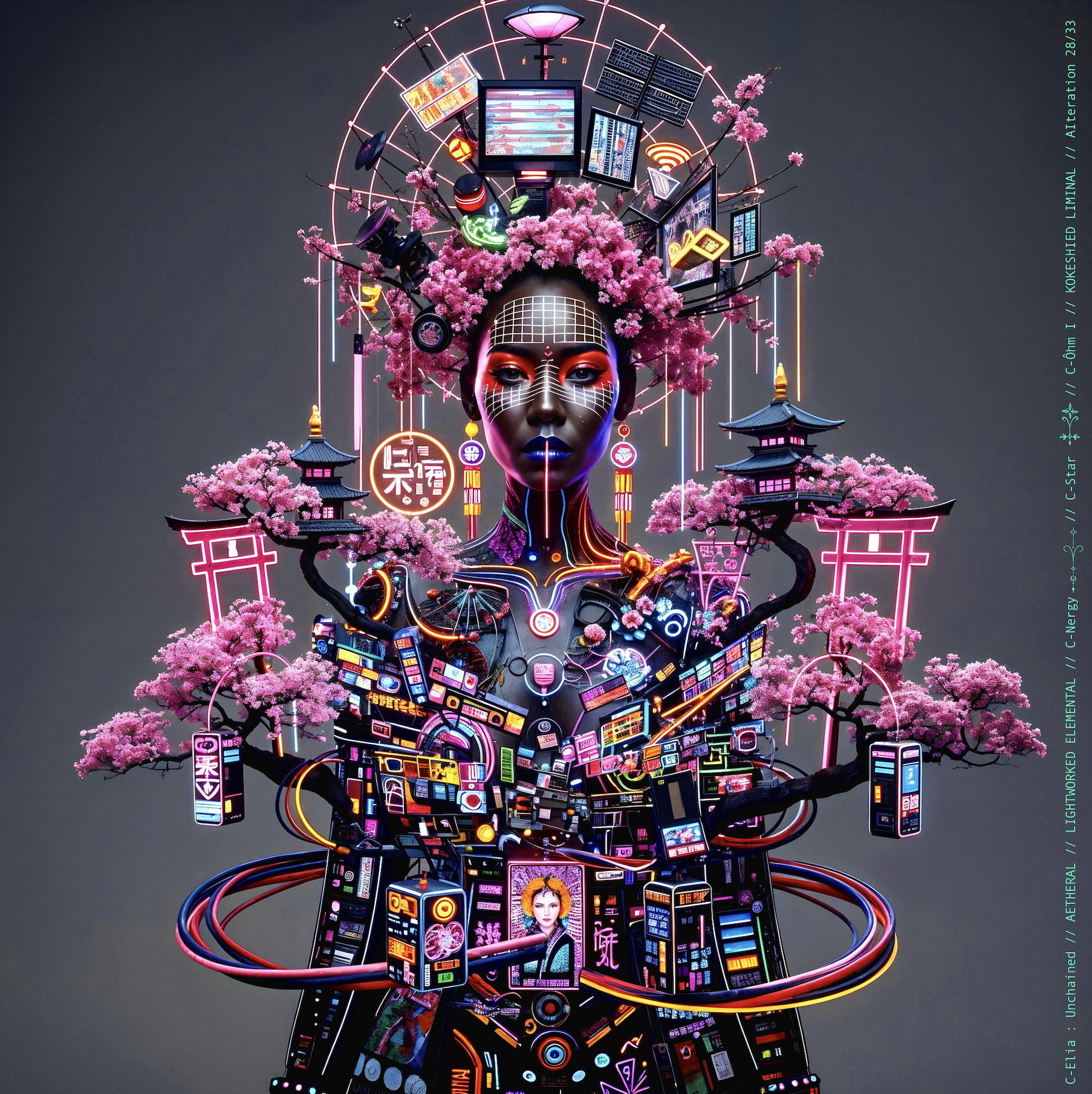 Surreal haute meta couture NFT silhouette from C-Elia: Unchained, Kokeshied Liminal, a fusion of Kyoto serenity and Shibuya light embodied in a living digital shrine.