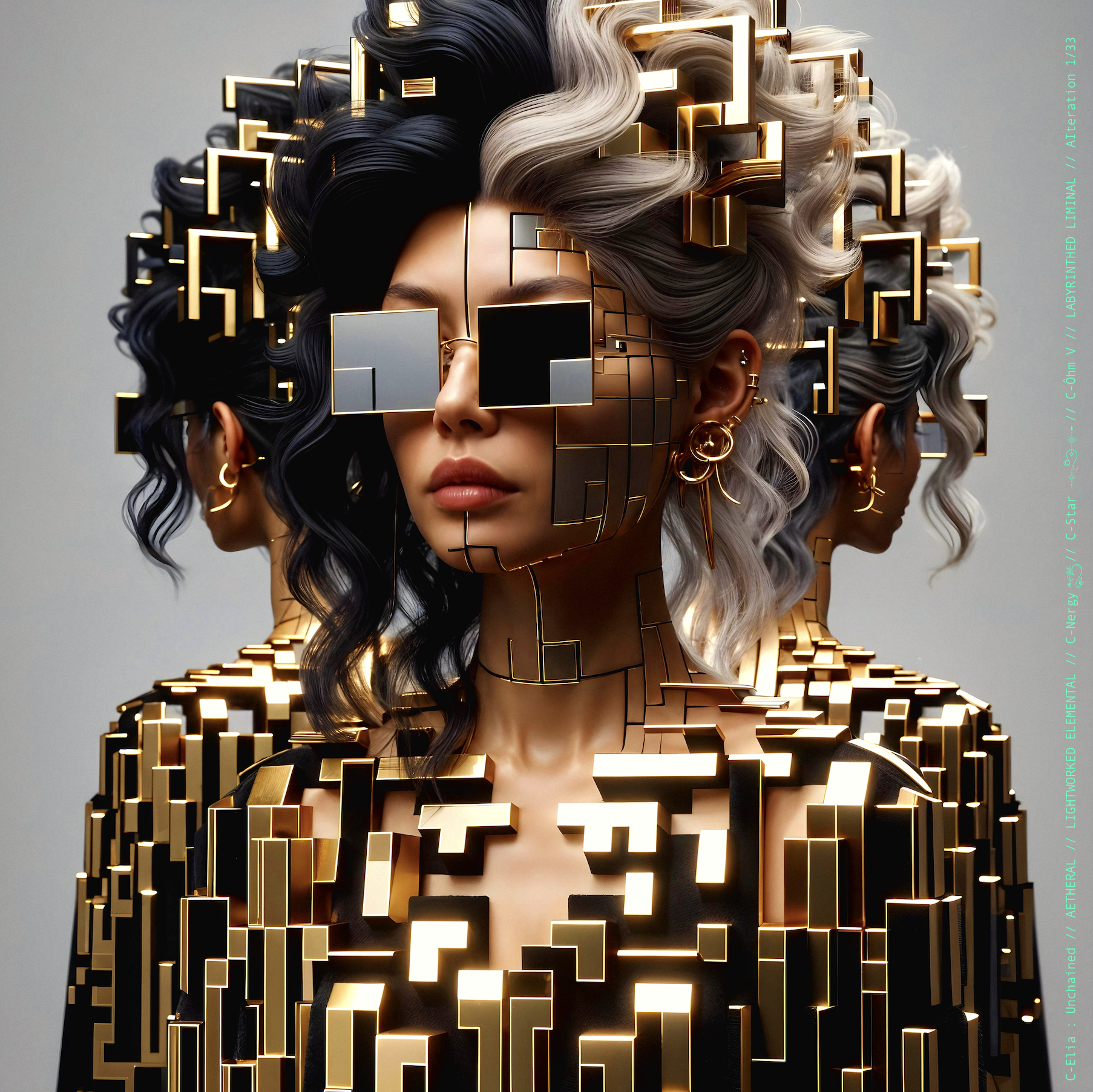 Surreal haute meta couture NFT silhouette from C Elia Unchained, Labyrinthed Liminal collection, inspired by mirrored labyrinth geometry and the chromatic echo of Blue Boy’s “Remember Me,” merging pixel tattoos, gold voxel structures and reflective couture architecture.