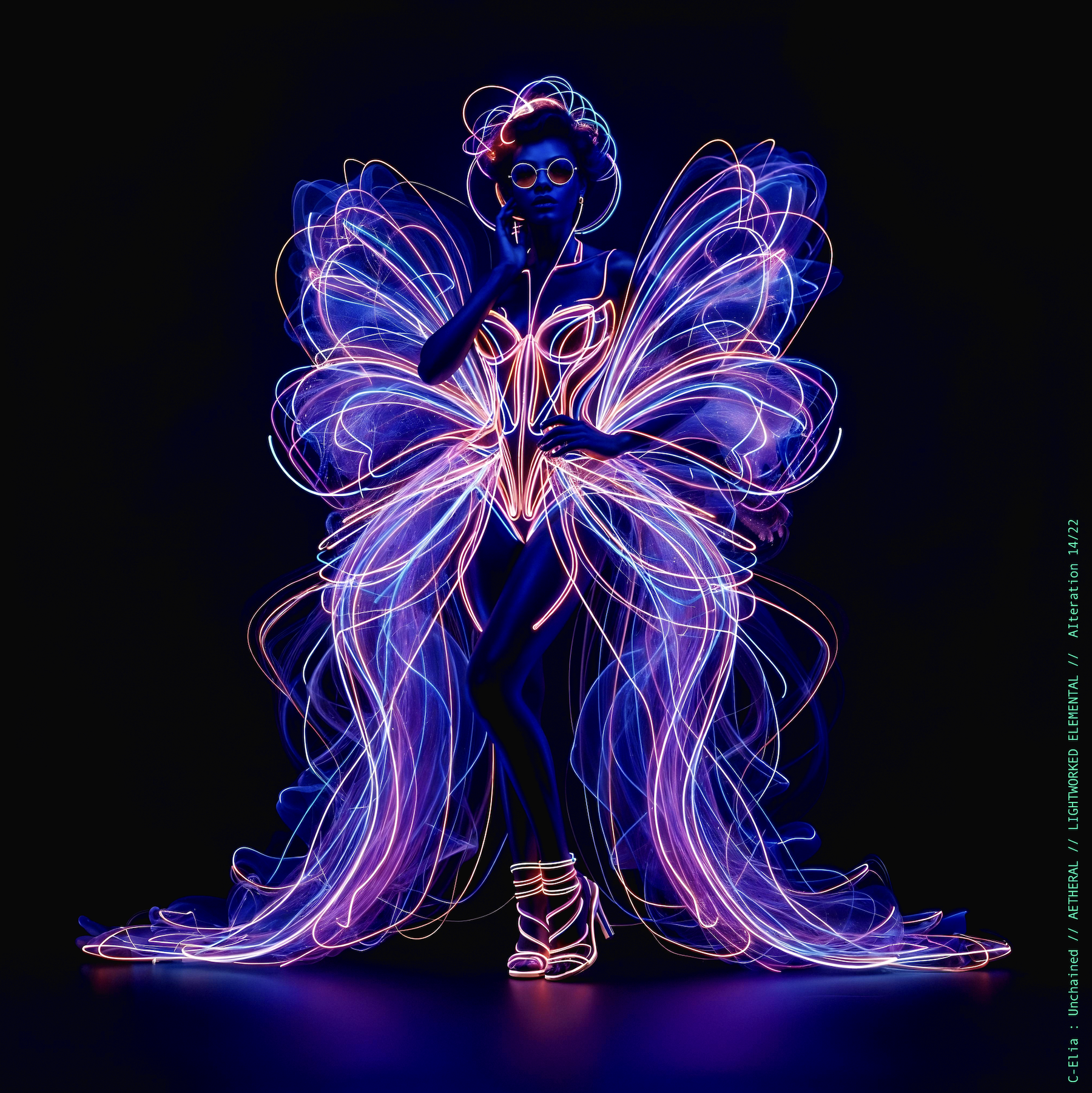 Surreal haute meta couture NFT silhouette from C-Elia: Unchained, Lightworked Elemental collection, a luminous architectural form sketched entirely in neon-painted lines and glowing contours, blending avant-garde light geometry with ethereal couture energy.