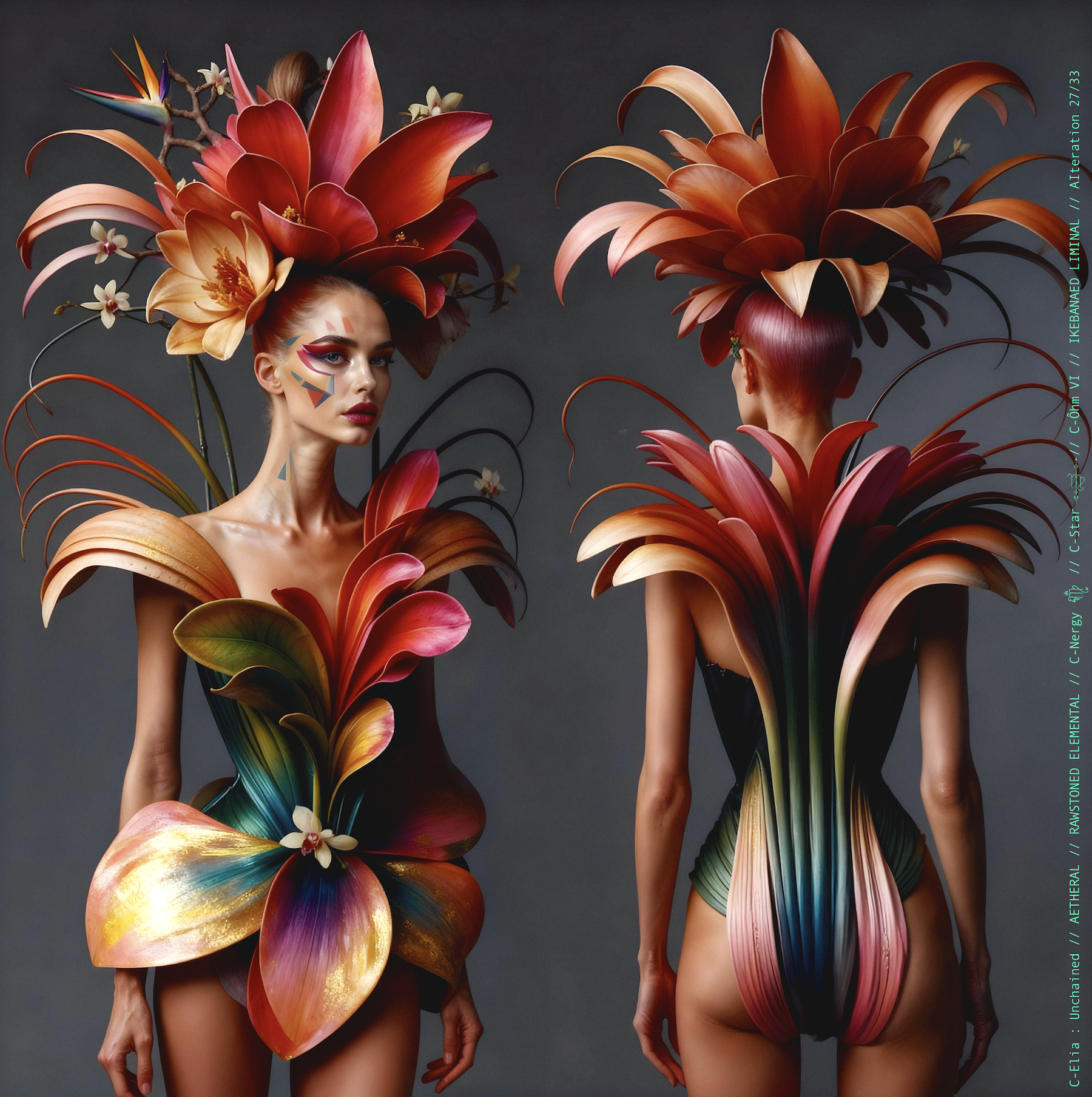 Surreal haute meta couture NFT silhouette from C-Elia: Unchained, Ikebanaed Liminal collection, inspired by floral architecture and Japanese composition, merging nature, geometry and serenity into a living couture sculpture.