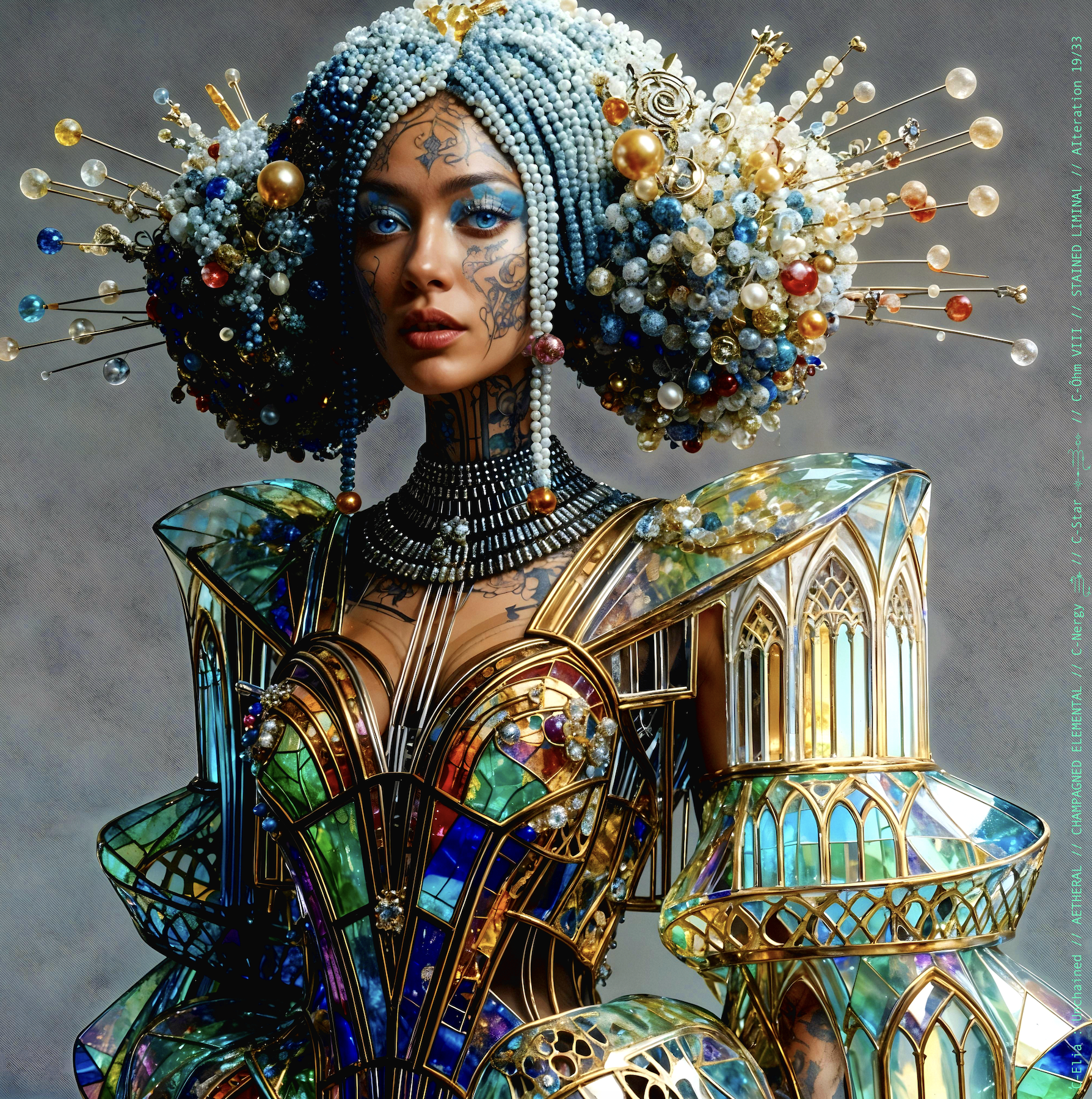 Surreal haute meta couture NFT silhouette from C-Elia: Unchained, Stained Liminal collection, inspired by cathedral stained glass and Mondrian geometry, merging sacred light, metallic reflections, and futuristic architecture into a living holographic couture sculpture.