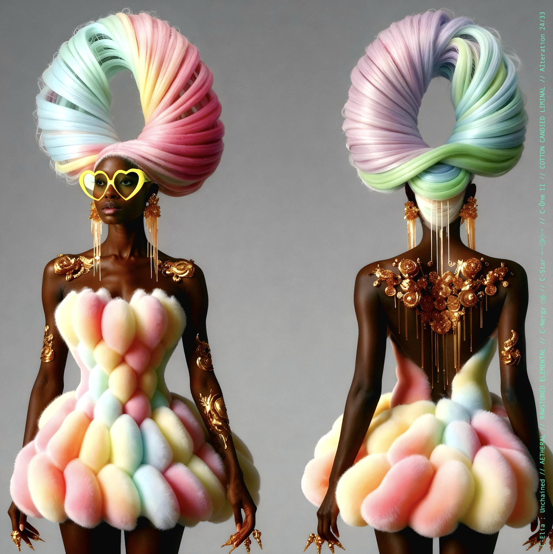 Surreal haute meta couture NFT silhouette from C Elia: Unchained, Cotton Candied Liminal collection, inspired by pastel cotton candy clouds and Khmer gold tattoos, merging sweetness, rebellion and couture into a living vaporous sculpture.