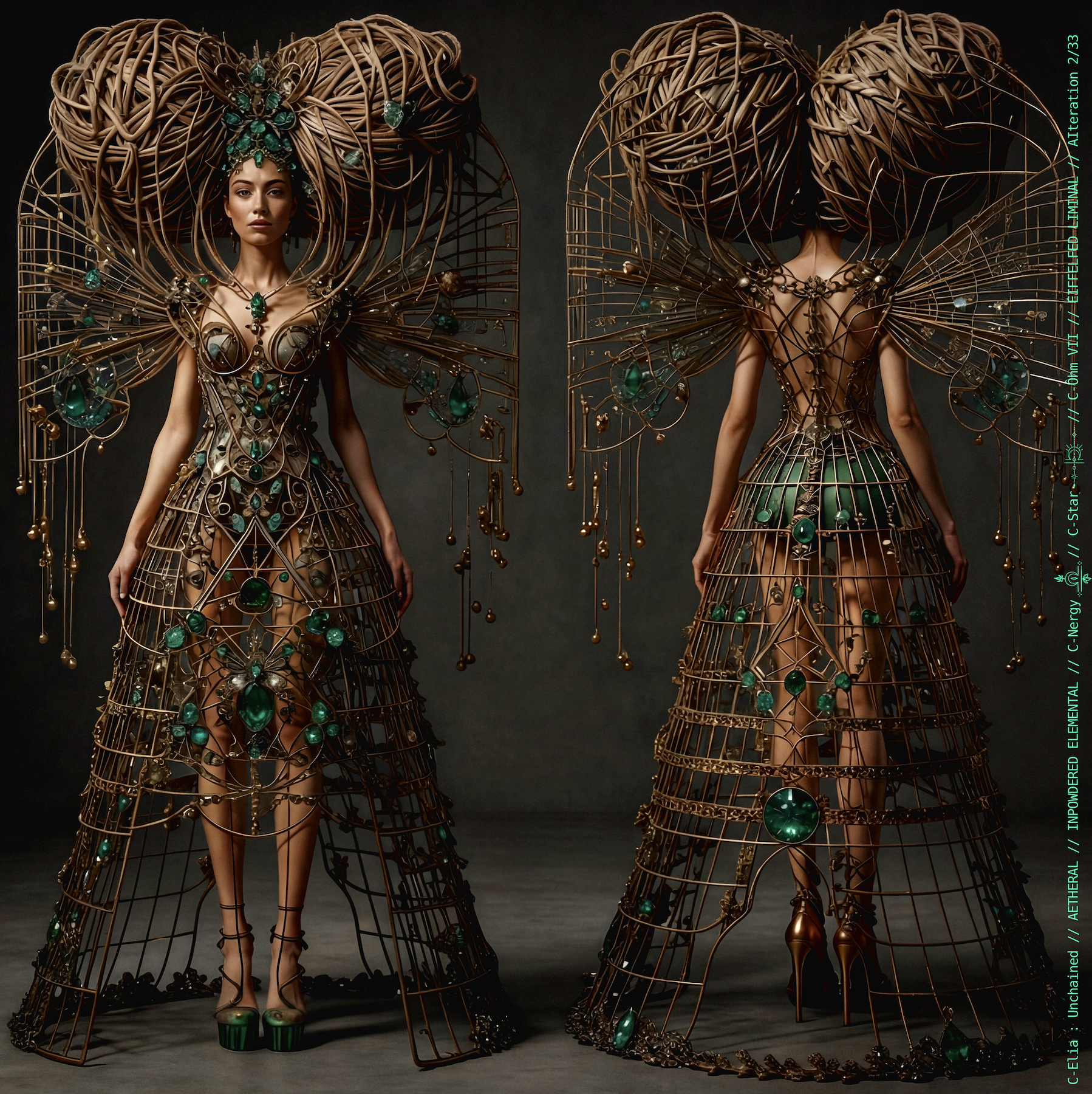 Surreal haute meta couture NFT silhouette from C Elia Unchained, Eiffelfed Liminal collection, merging openwork copper metal, emerald braids, metallic glyph makeup and Parisian architectural couture infused with the atmospheric pulse of Massive Attack and Mad Professor’s “Three.”