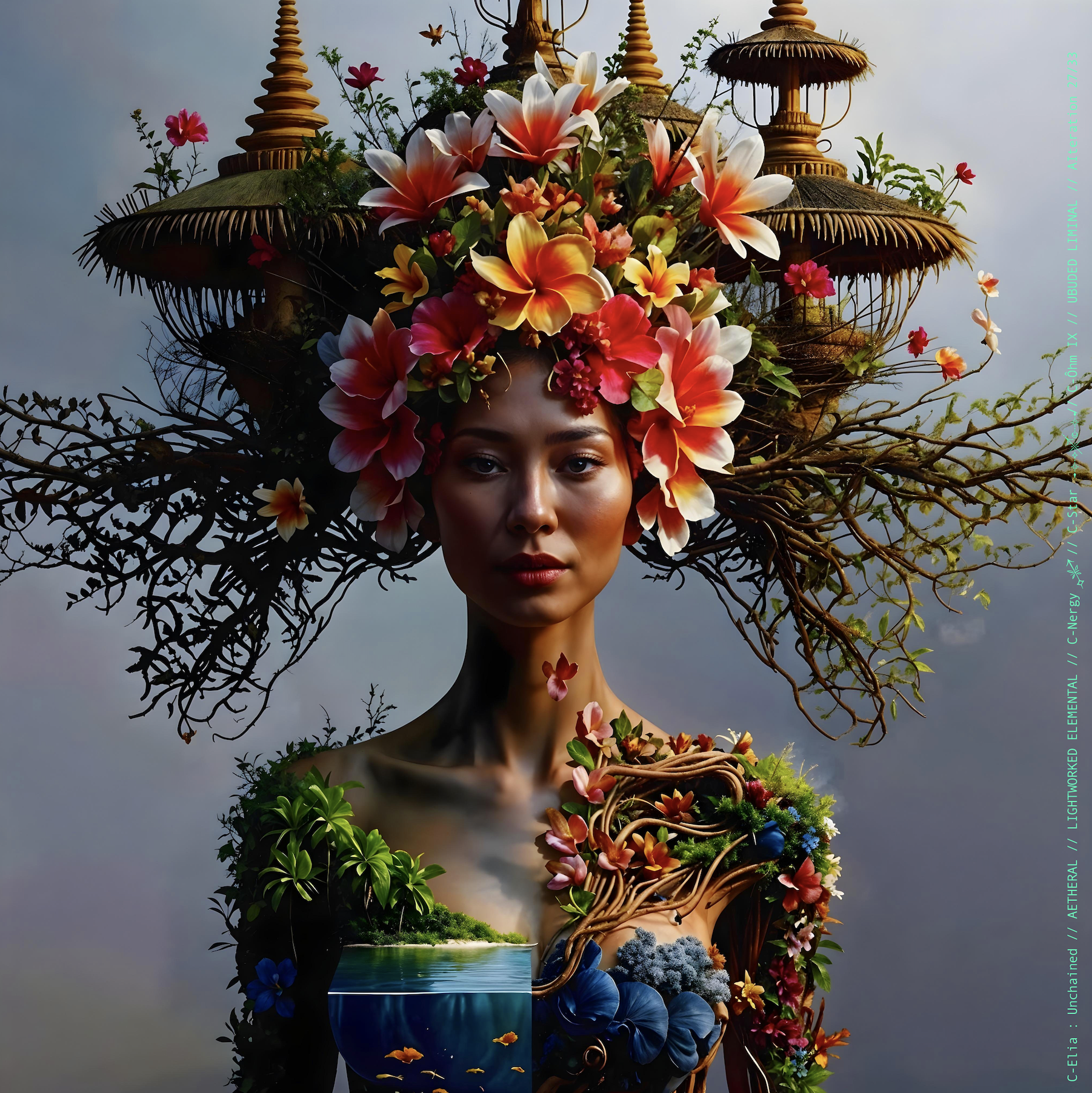 Surreal haute meta couture NFT silhouette from C Elia Unchained, Ubuded Liminal collection, merging tropical Balinese garden architecture, volcanic stone, drifting petals, incense smoke and sacred botanical couture inspired by Asian Dub Foundation’s “Witness.”