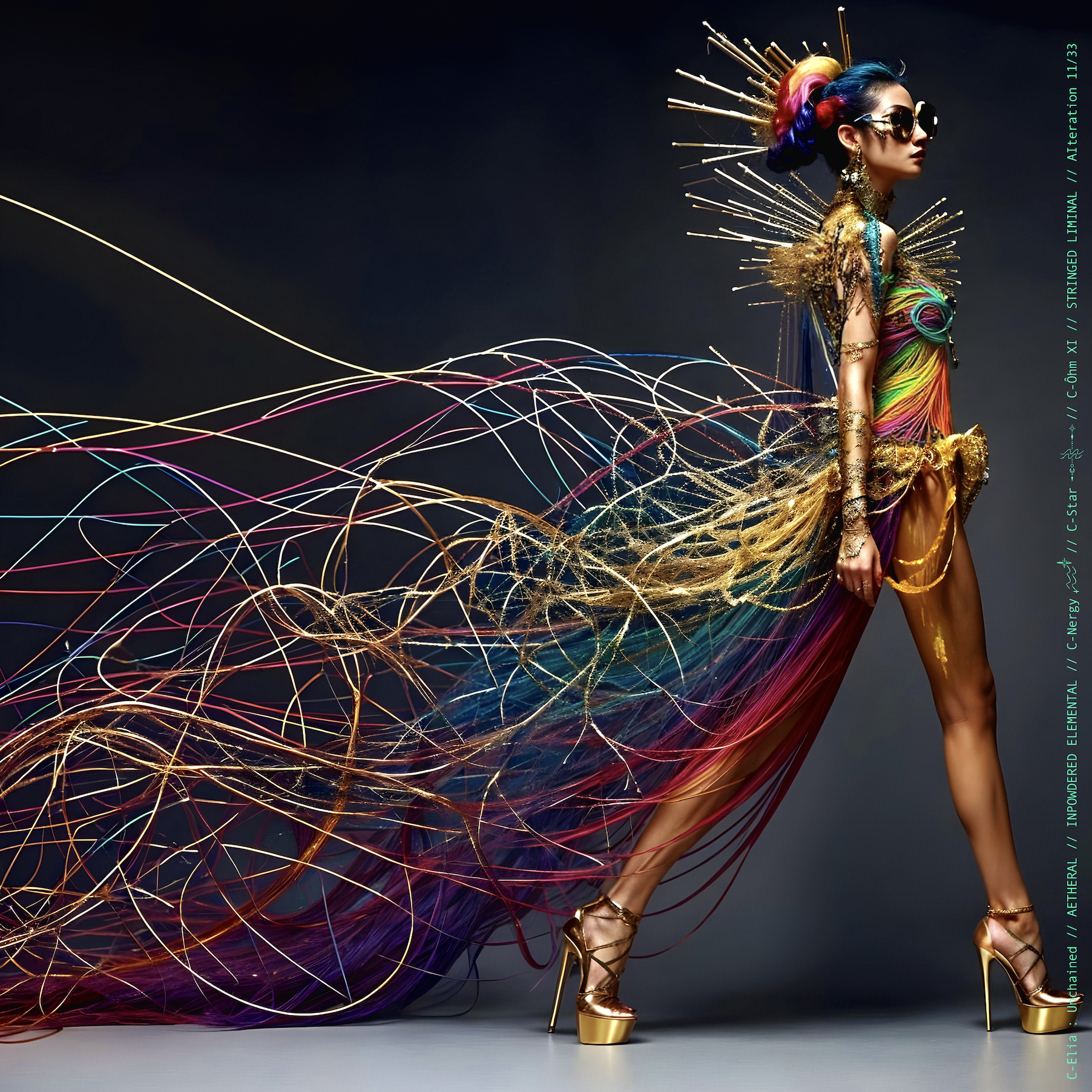 Surreal haute meta  couture NFT silhouette from C-Elia: Unchained, Stringed Liminal collection. A living sculpture made entirely of golden and colored strings, merging art, vibration and geometry into a resonant couture form.