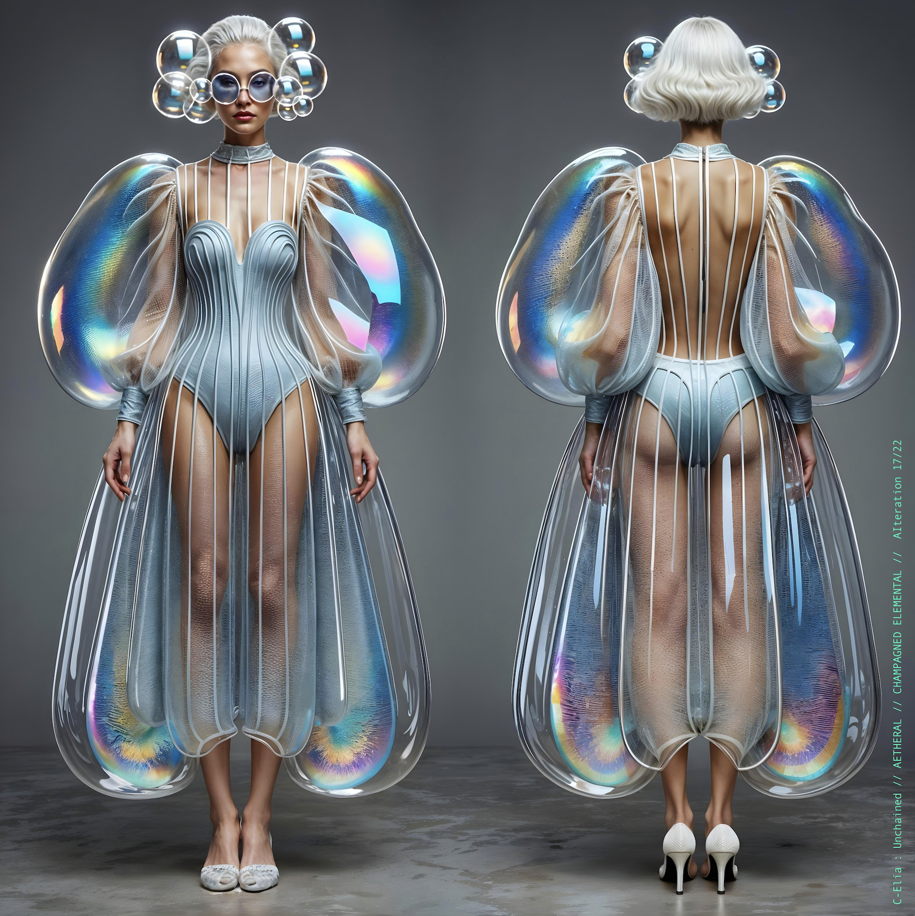Surreal haute meta couture NFT silhouette from C Elia Unchained, Champagned Elemental collection, formed from transparent champagne bubbles, liquid cascades and retro futuristic white wave hair sculpted into effervescent couture.