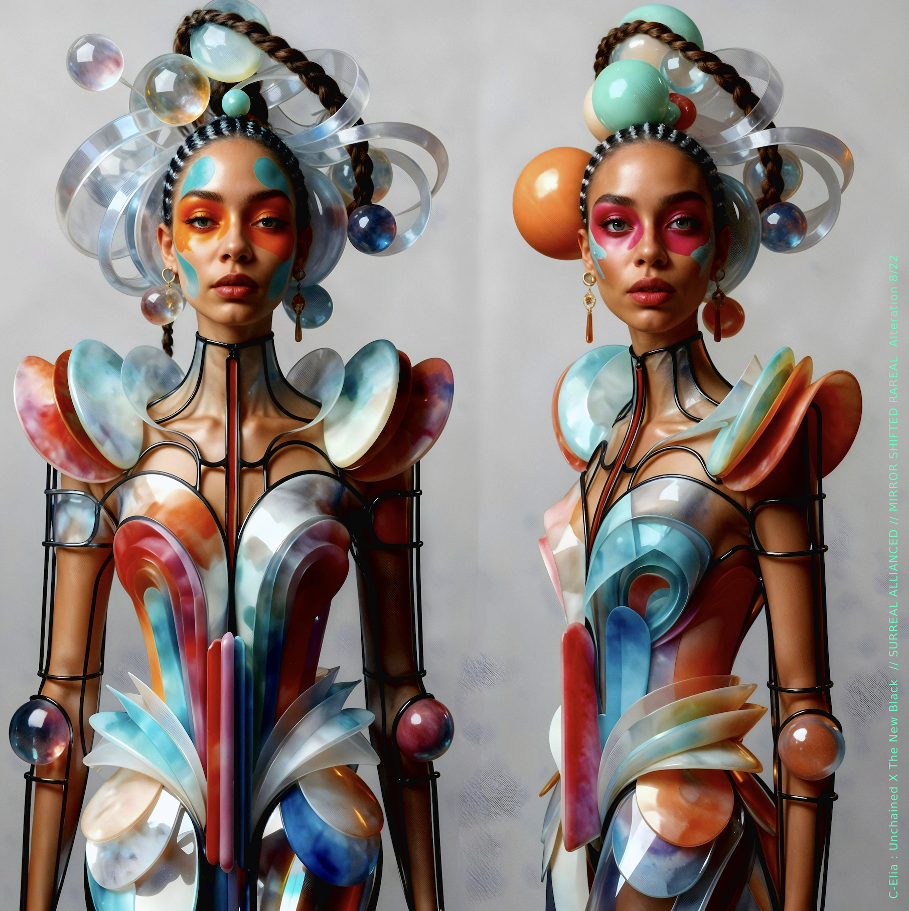 Surreal haute meta couture NFT silhouette from C-Elia: Unchained, Thenewblacked Allianced Liminal, created in collaboration with tThe New Black, merging resin, glass, acrylic and light into a living prism of translucent geometry.