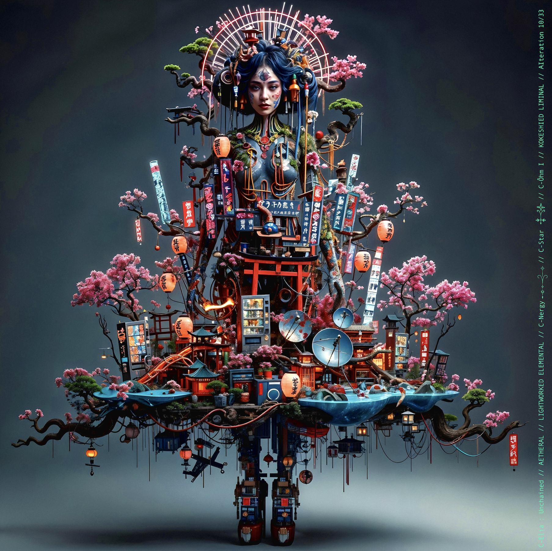 Surreal haute meta couture NFT silhouette from C-Elia: Unchained, Kokeshied Liminal, a fusion of Kyoto serenity and Shibuya light embodied in a living digital shrine.