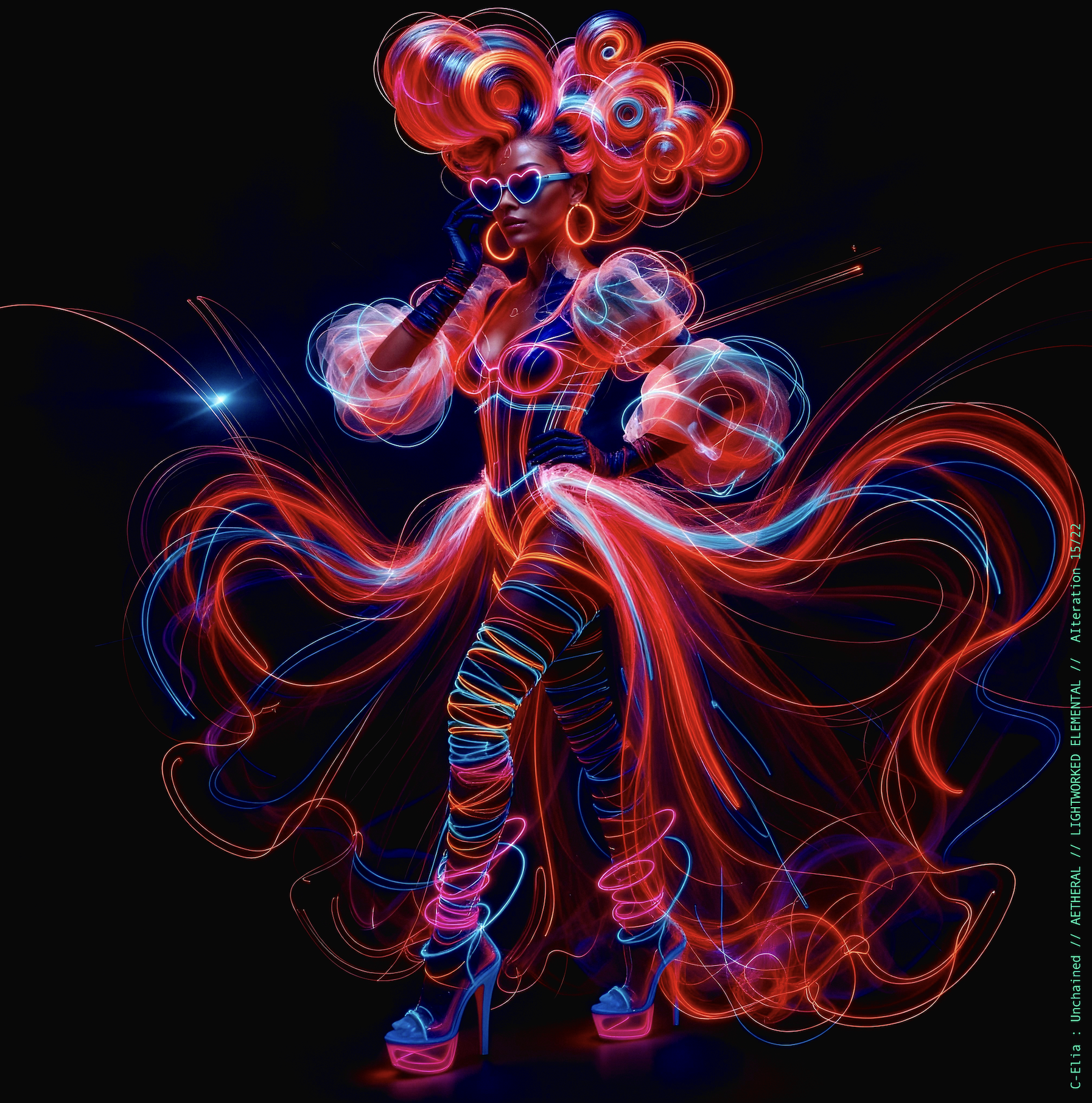 Surreal haute meta couture NFT silhouette from C-Elia: Unchained, Lightworked Elemental collection, a luminous architectural form sketched entirely in neon-painted lines and glowing contours, blending avant-garde light geometry with ethereal couture energy.