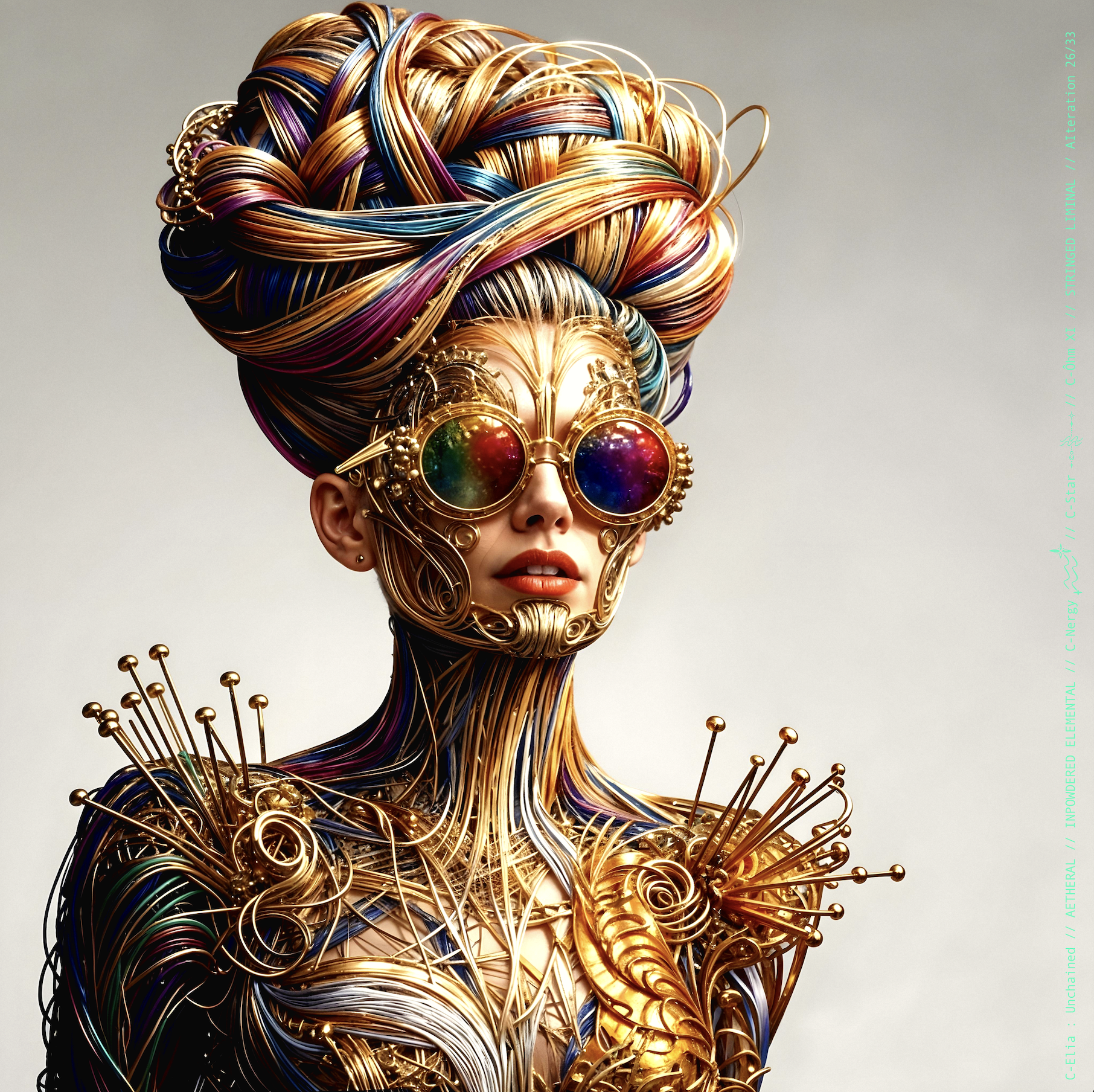 Surreal haute meta  couture NFT silhouette from C-Elia: Unchained, Stringed Liminal collection. A living sculpture made entirely of golden and colored strings, merging art, vibration and geometry into a resonant couture form.