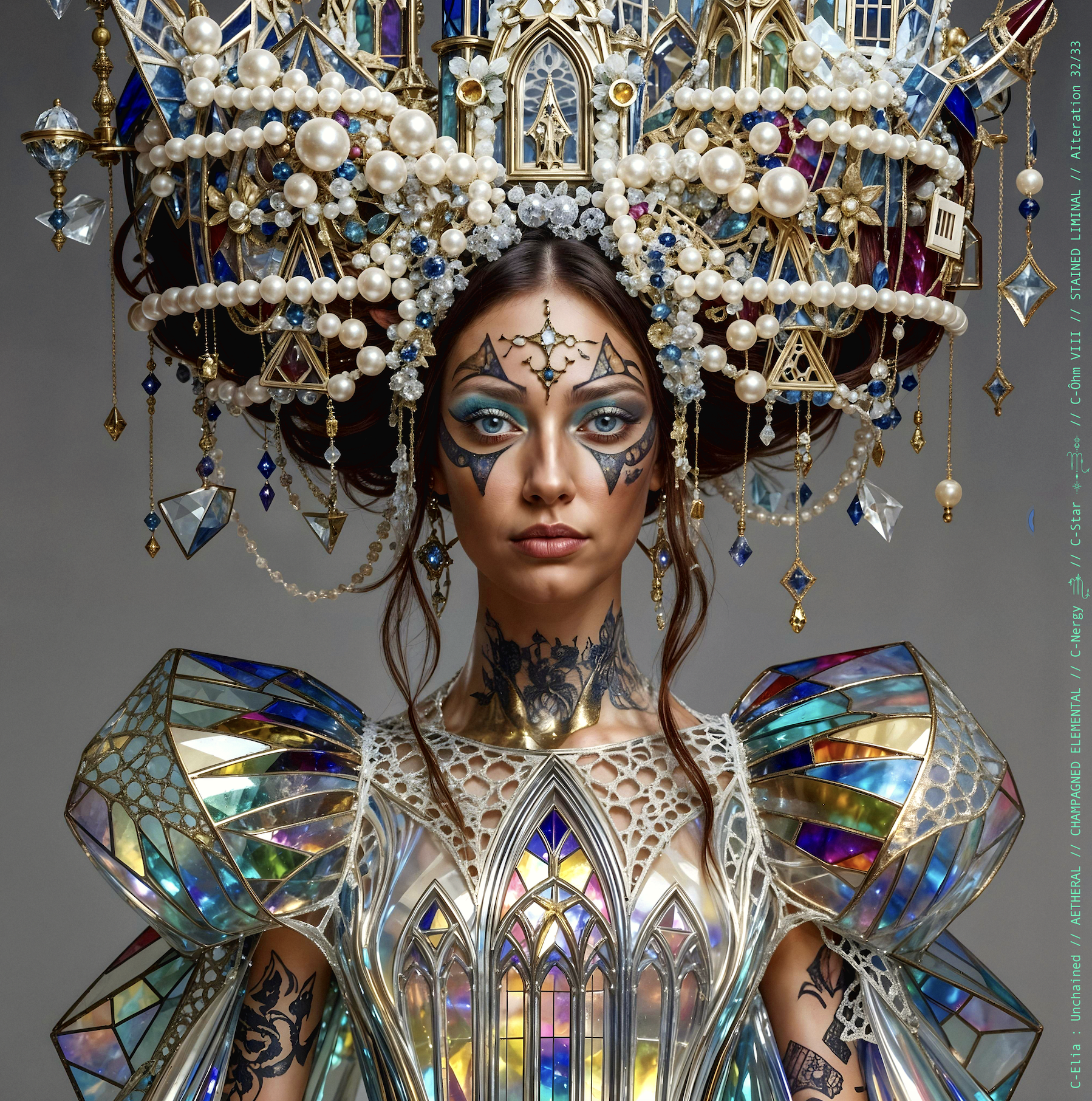 Surreal haute meta couture NFT silhouette from C-Elia: Unchained, Stained Liminal collection, inspired by cathedral stained glass and Mondrian geometry, merging sacred light, metallic reflections, and futuristic architecture into a living holographic couture sculpture.