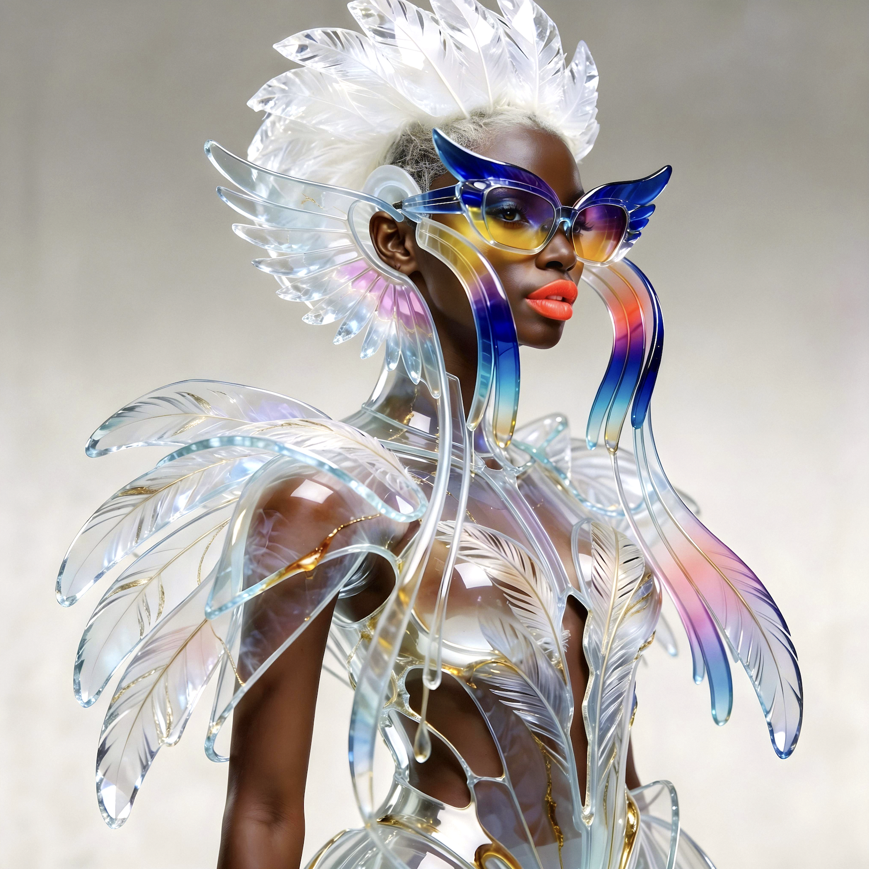 Surreal haute meta couture NFT silhouette from C-Elia: Unchained, Surreal female top model wearing an avant-garde haute couture glass sculpture with oversized colorful optical glasses, translucent white structure with gold veins, Iris Framed collection.