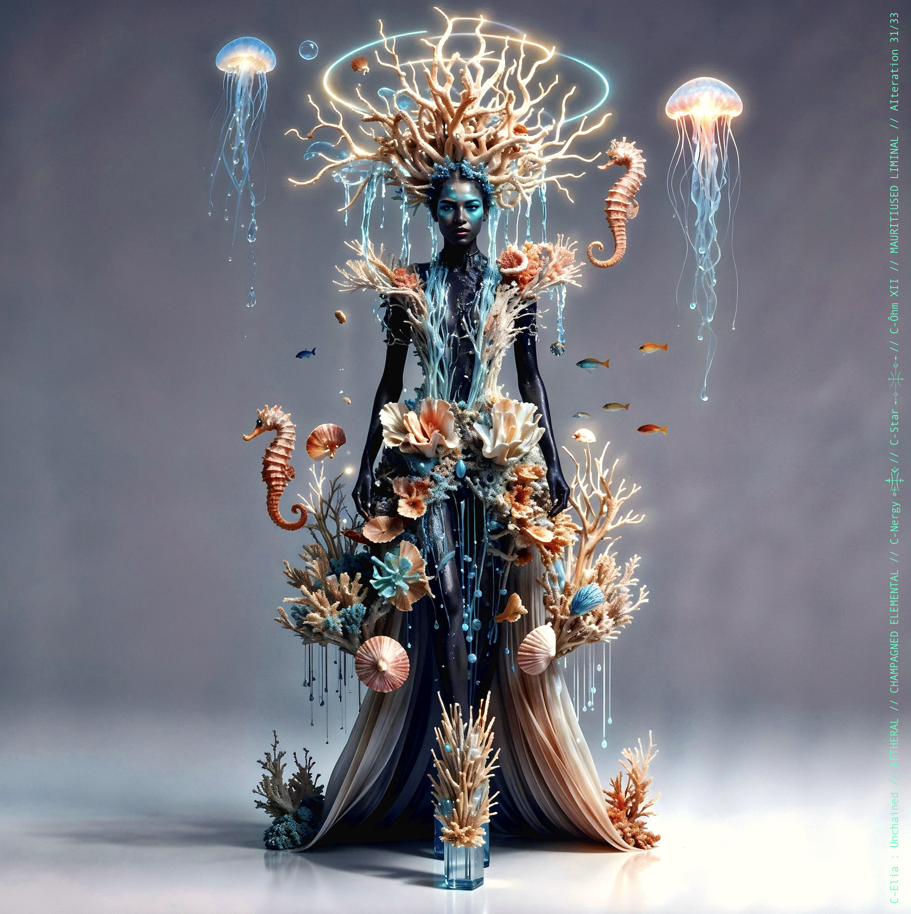 Surreal haute meta couture NFT silhouette from C-Elia: Unchained, Mauritiused Liminal collection, inspired by coral reefs and marine architecture, merging water, light and couture into a floating living sculpture