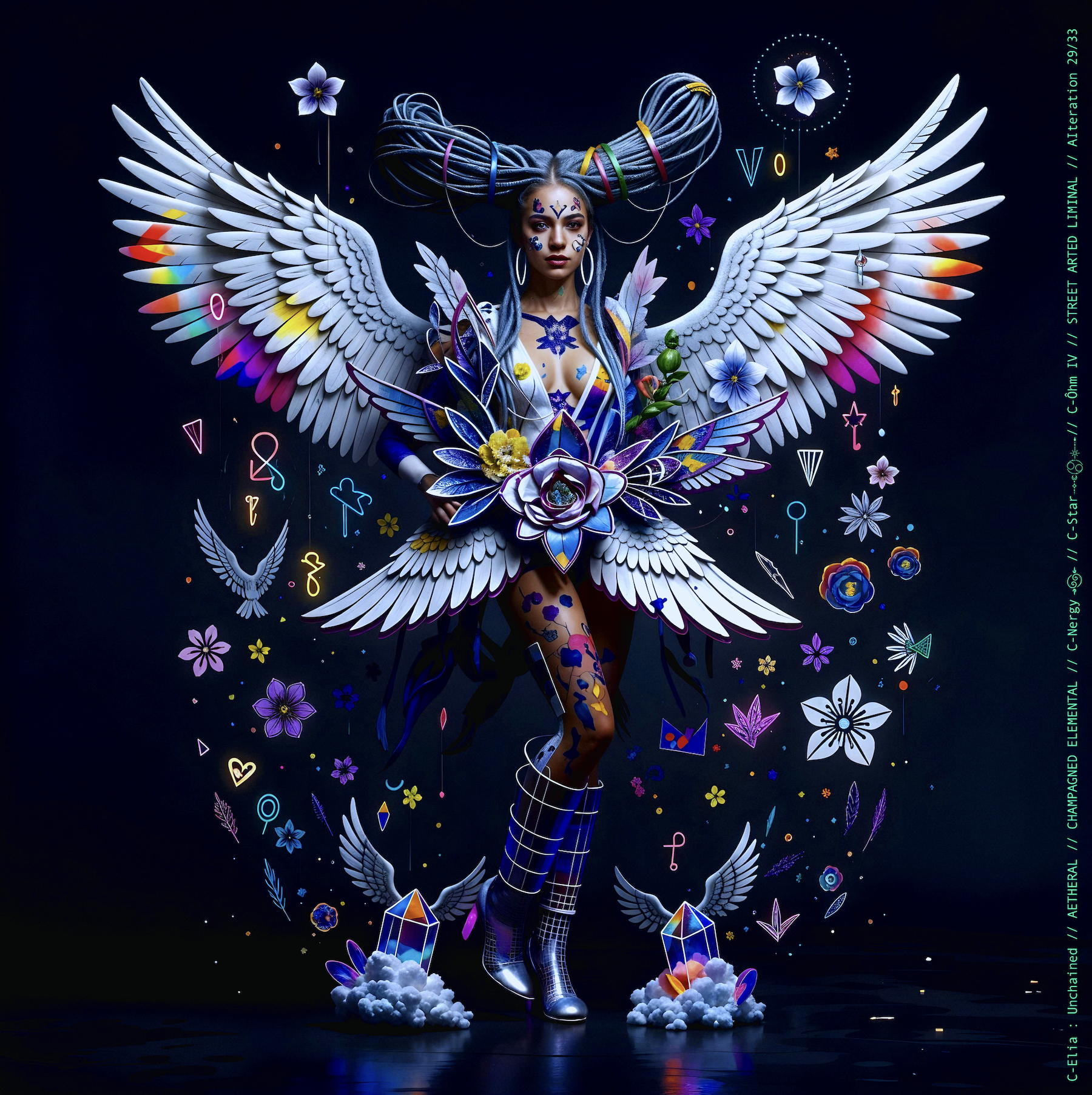 Surreal haute meta couture NFT silhouette from C Elia Unchained, Streetarted Liminal collection, merging liquid graffiti textures, neon mist, chromatic drips and atmospheric street-paint couture.