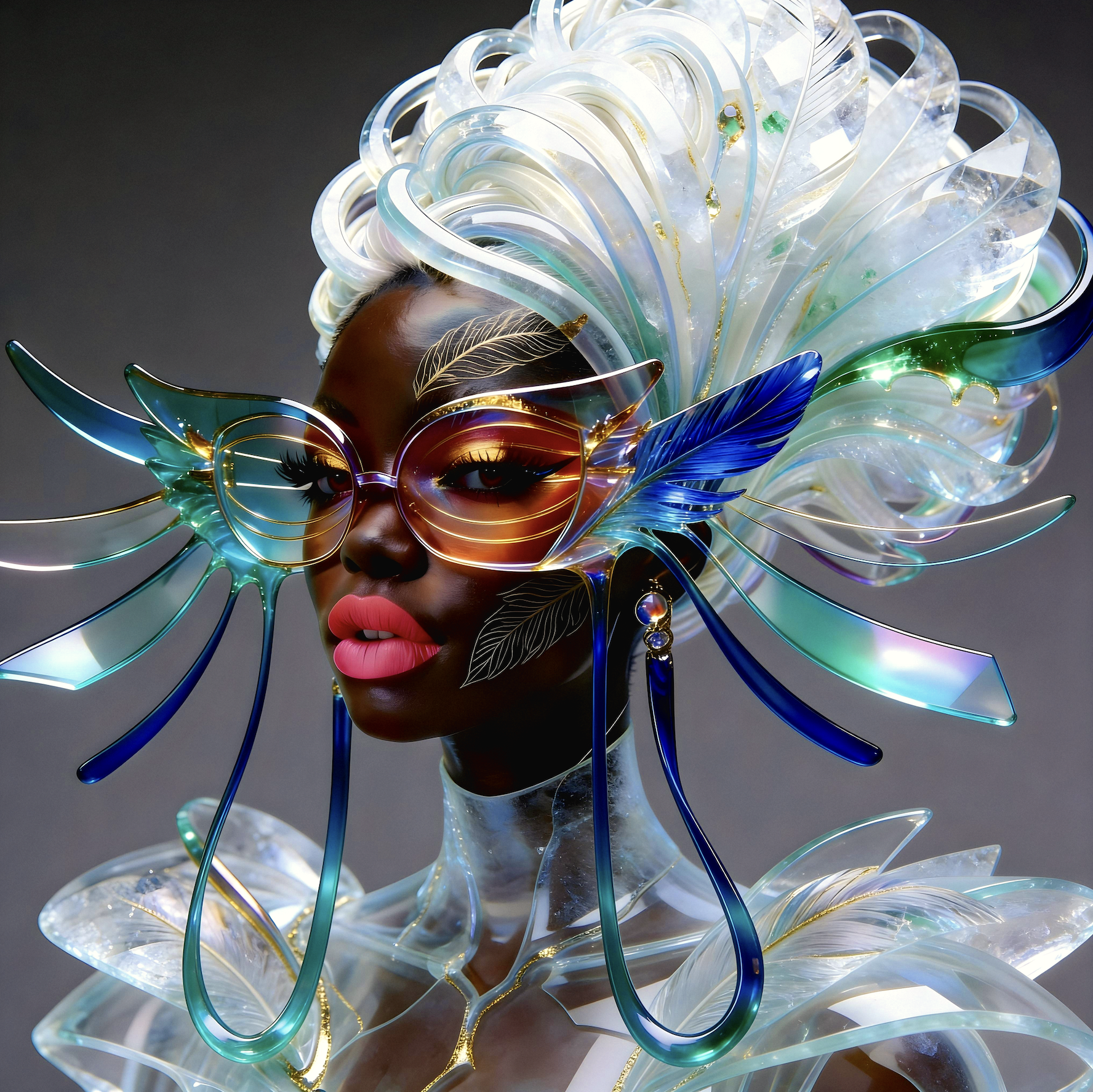 Surreal haute meta couture NFT silhouette from C-Elia: Unchained, Surreal female top model wearing an avant-garde haute couture glass sculpture with oversized colorful optical glasses, translucent white structure with gold veins, Iris Framed collection.