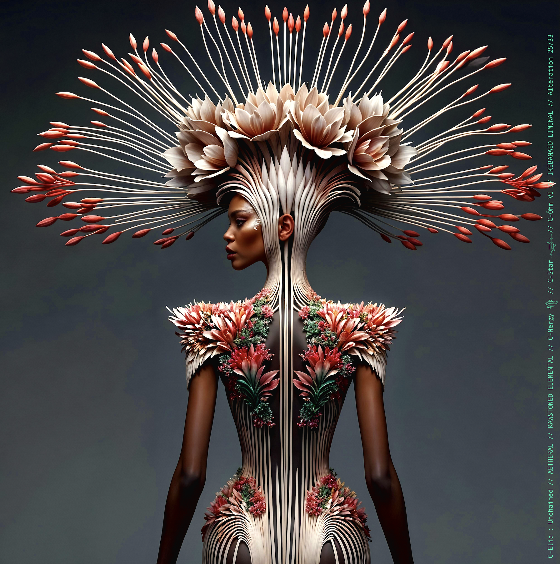 Surreal haute meta couture NFT silhouette from C-Elia: Unchained, Ikebanaed Liminal collection, inspired by floral architecture and Japanese composition, merging nature, geometry and serenity into a living couture sculpture.