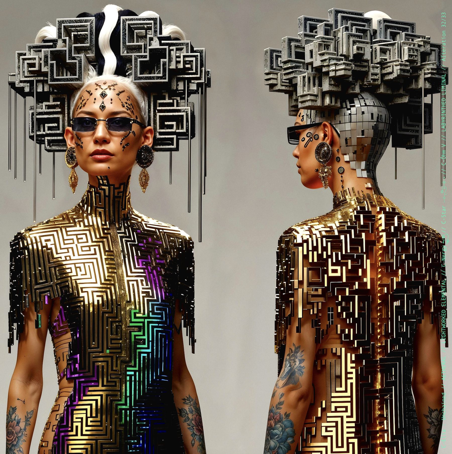 Surreal haute meta couture NFT silhouette from C Elia Unchained, Labyrinthed Liminal collection, inspired by mirrored labyrinth geometry and the chromatic echo of Blue Boy’s “Remember Me,” merging pixel tattoos, gold voxel structures and reflective couture architecture.