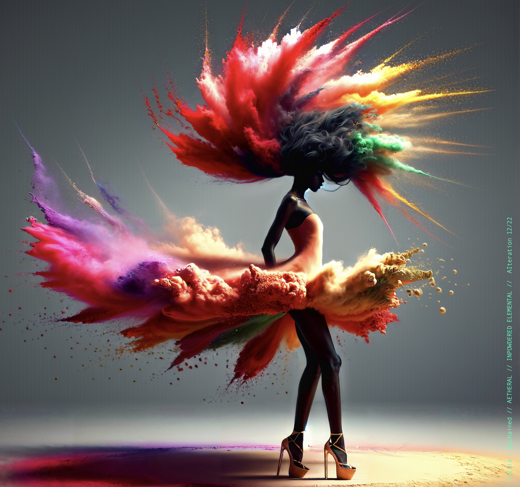 Surreal haute meta couture NFT silhouette from C Elia Unchained, Impowdered Elemental collection, formed from airborne rainbow powders, vaporous chromatic clouds and wind-sculpted avant garde couture.