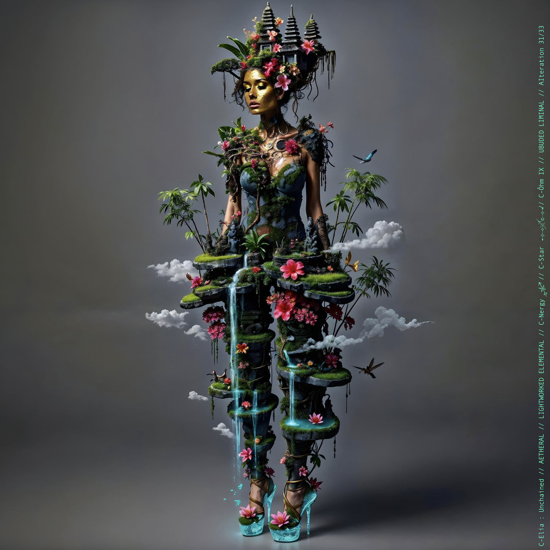 Surreal haute meta couture NFT silhouette from C Elia Unchained, Ubuded Liminal collection, merging tropical Balinese garden architecture, volcanic stone, drifting petals, incense smoke and sacred botanical couture inspired by Asian Dub Foundation’s “Witness.”