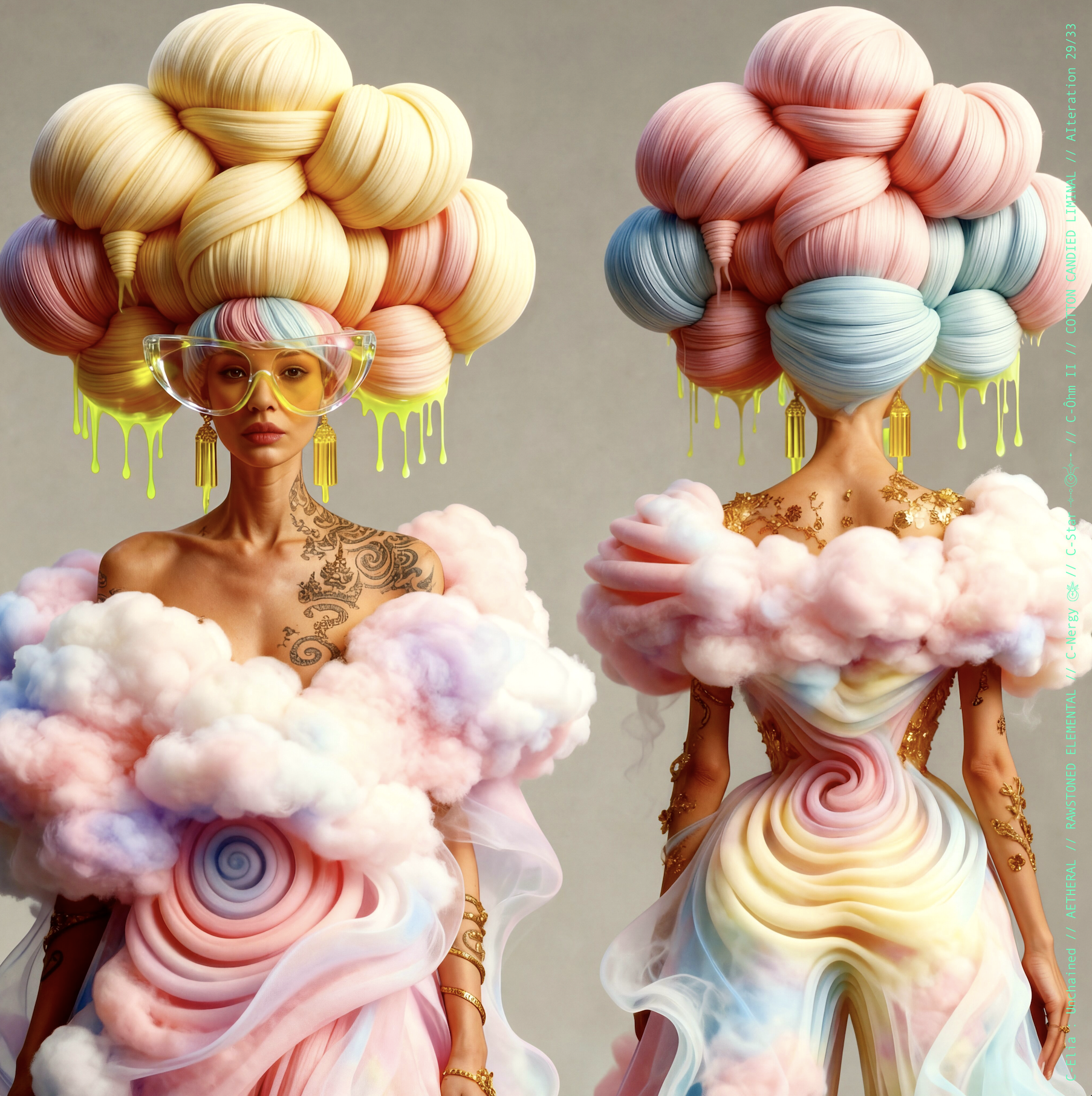 Surreal haute meta couture NFT silhouette from C Elia: Unchained, Cotton Candied Liminal collection, inspired by pastel cotton candy clouds and Khmer gold tattoos, merging sweetness, rebellion and couture into a living vaporous sculpture.