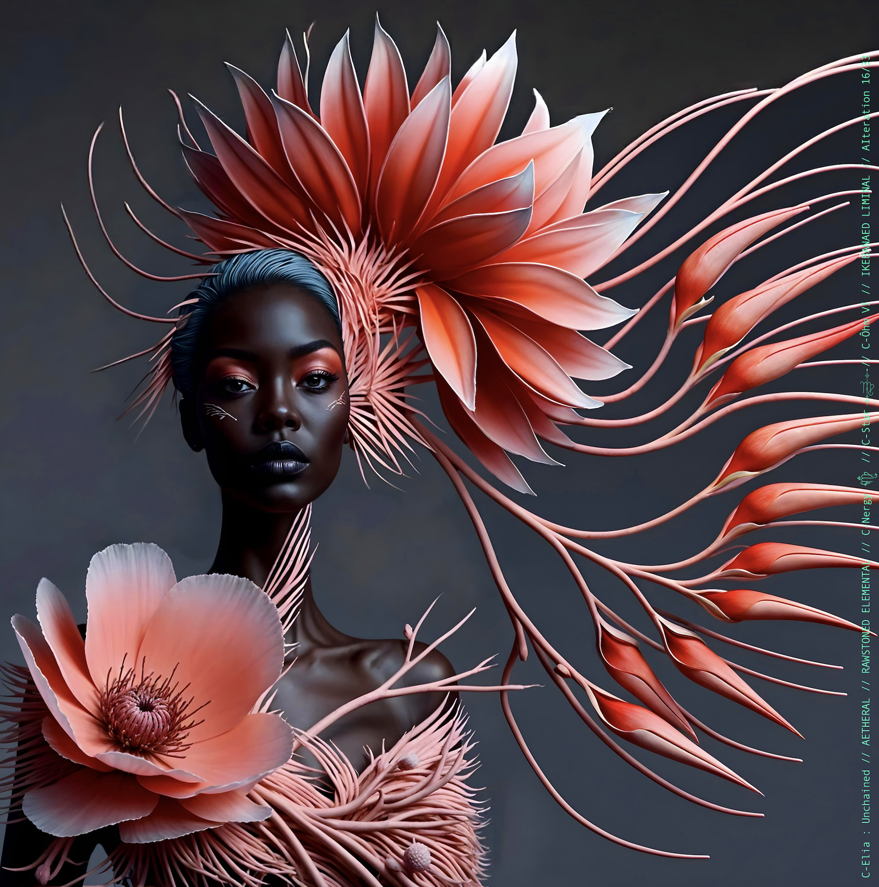 Surreal haute meta couture NFT silhouette from C-Elia: Unchained, Ikebanaed Liminal collection, inspired by floral architecture and Japanese composition, merging nature, geometry and serenity into a living couture sculpture.