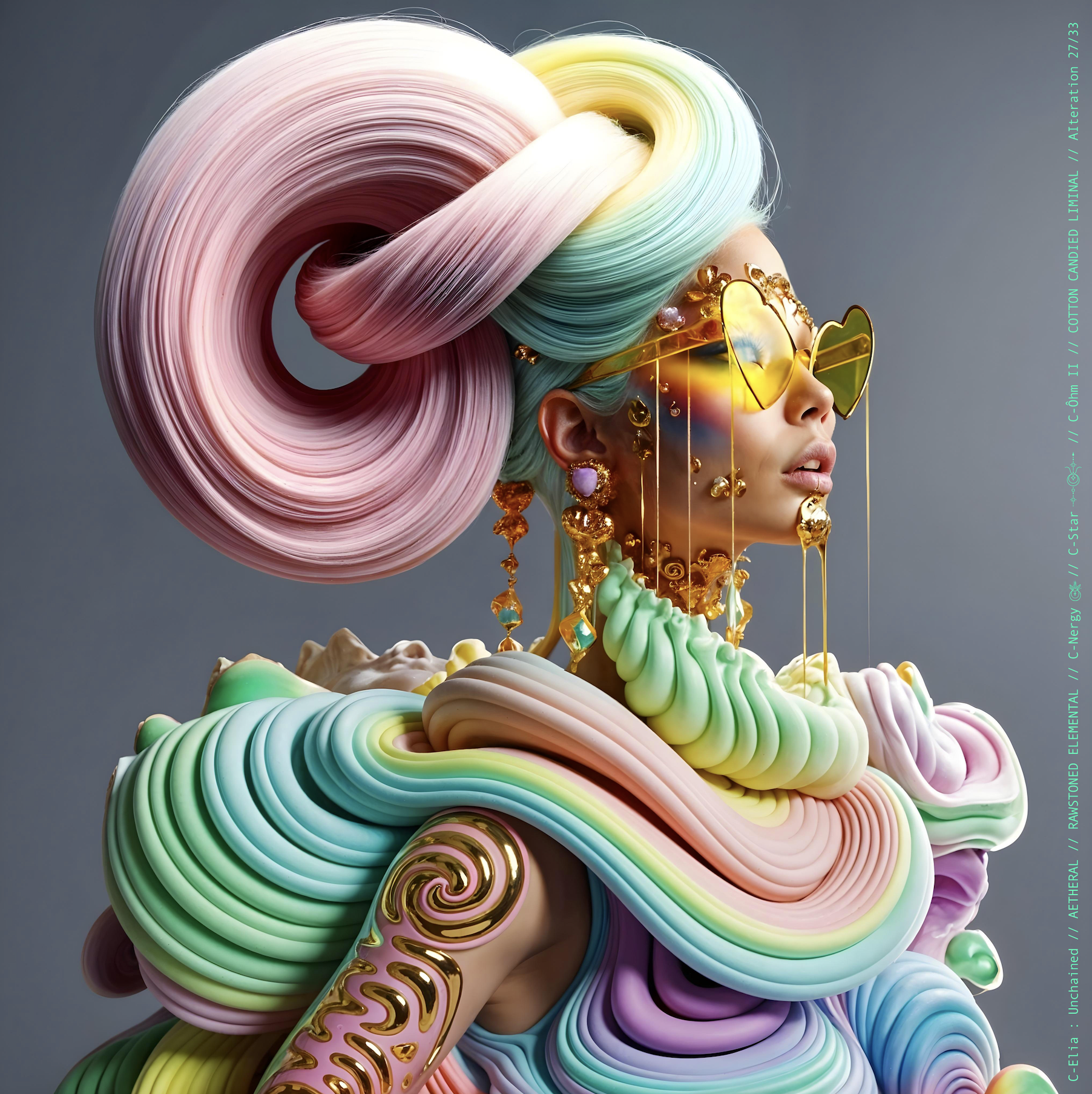 Surreal haute meta couture NFT silhouette from C Elia: Unchained, Cotton Candied Liminal collection, inspired by pastel cotton candy clouds and Khmer gold tattoos, merging sweetness, rebellion and couture into a living vaporous sculpture.