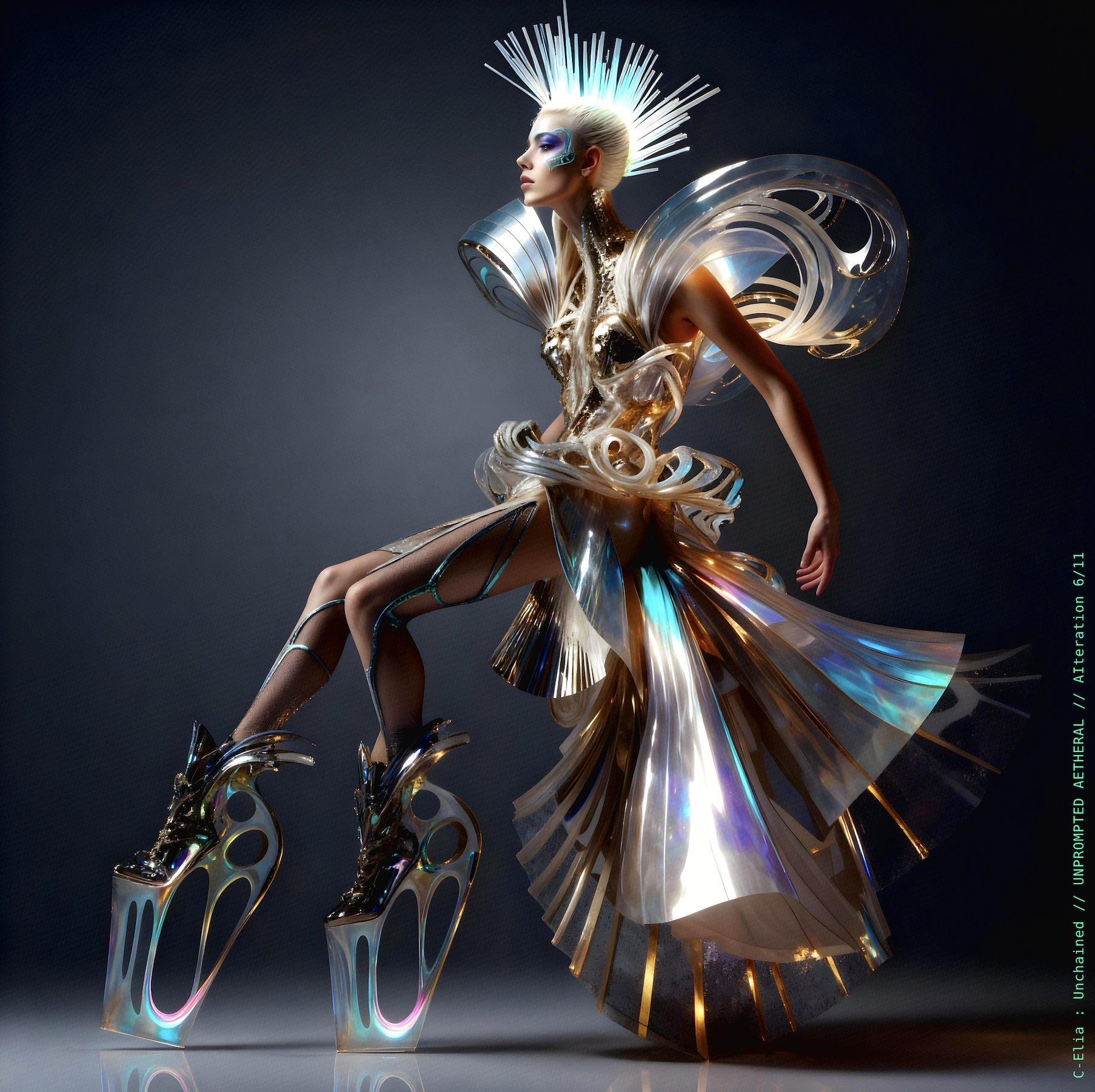 Surreal haute meta couture NFT silhouette from C Elia Unchained, Unprompted Aetheral collection, merging crystalline arcs, holographic ribbons, neon-lit futuristic structures and iridescent sacred geometry inspired by M I A’s Vicki Leekx mixtape.