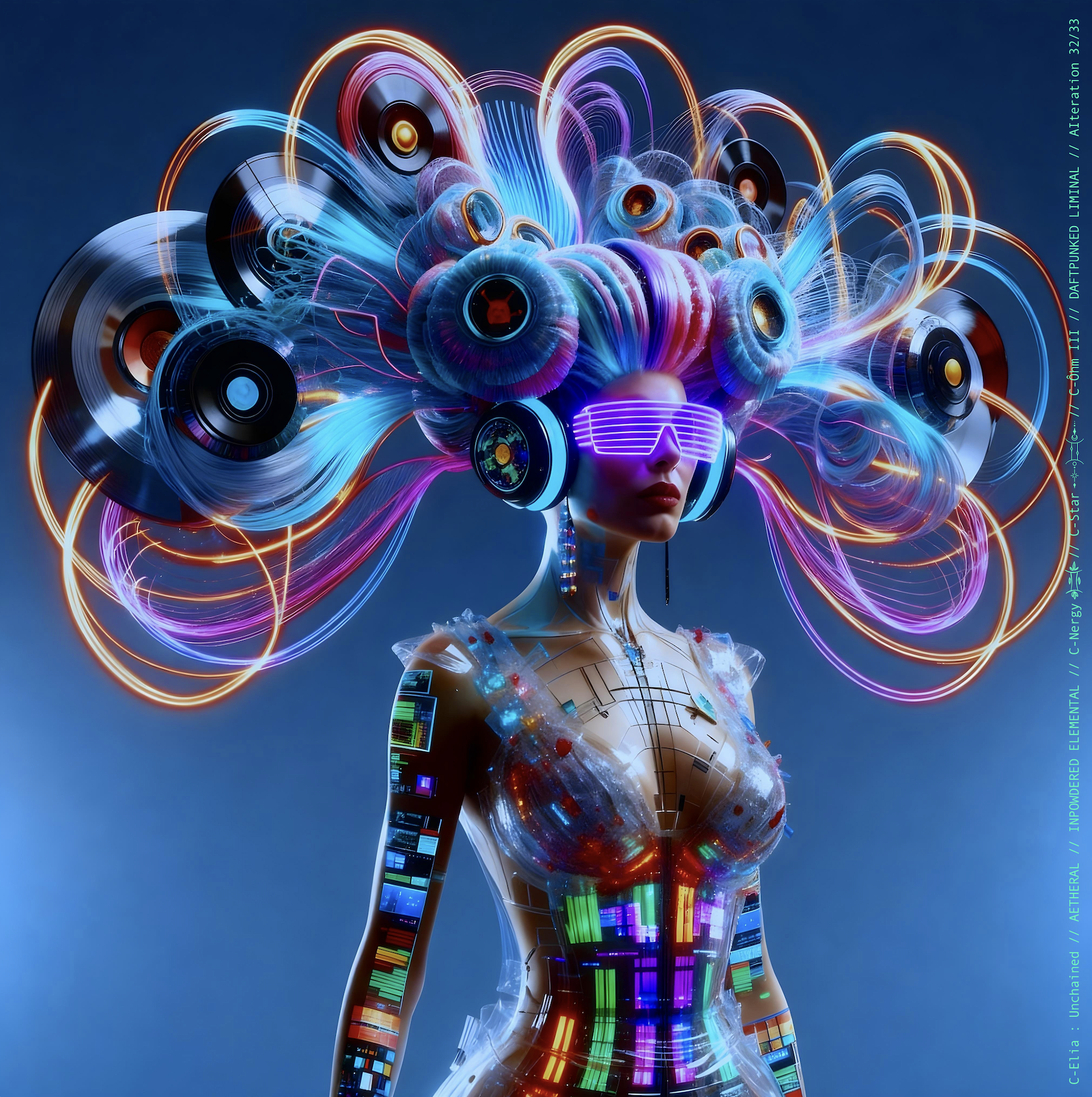 Surreal haute meta couture NFT silhouette from C Elia Unchained, Daftpunked Liminal collection, inspired by electronic neon aesthetics and the luminous frequencies of Daft Punk Alive 2008, merging holographic vinyl, glitch light and couture architecture.

