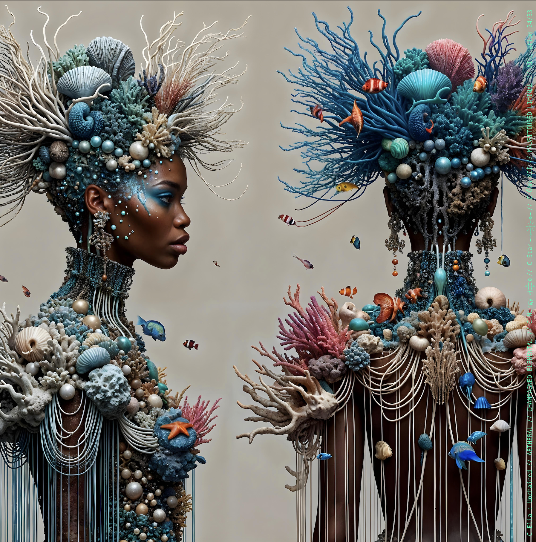 Surreal haute meta couture NFT silhouette from C-Elia: Unchained, Mauritiused Liminal collection, inspired by coral reefs and marine architecture, merging water, light and couture into a floating living sculpture