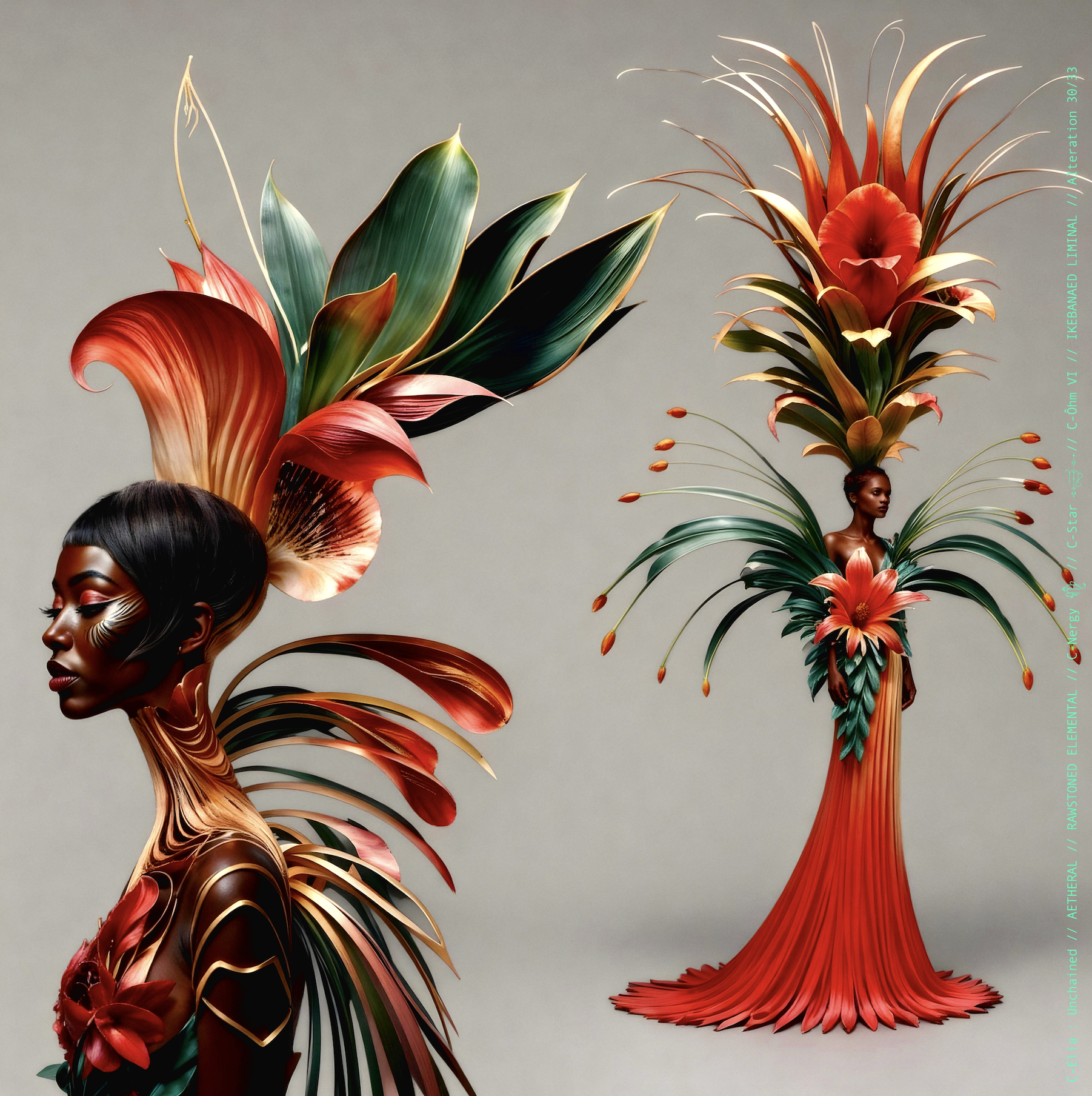 Surreal haute meta couture NFT silhouette from C-Elia: Unchained, Ikebanaed Liminal collection, inspired by floral architecture and Japanese composition, merging nature, geometry and serenity into a living couture sculpture.