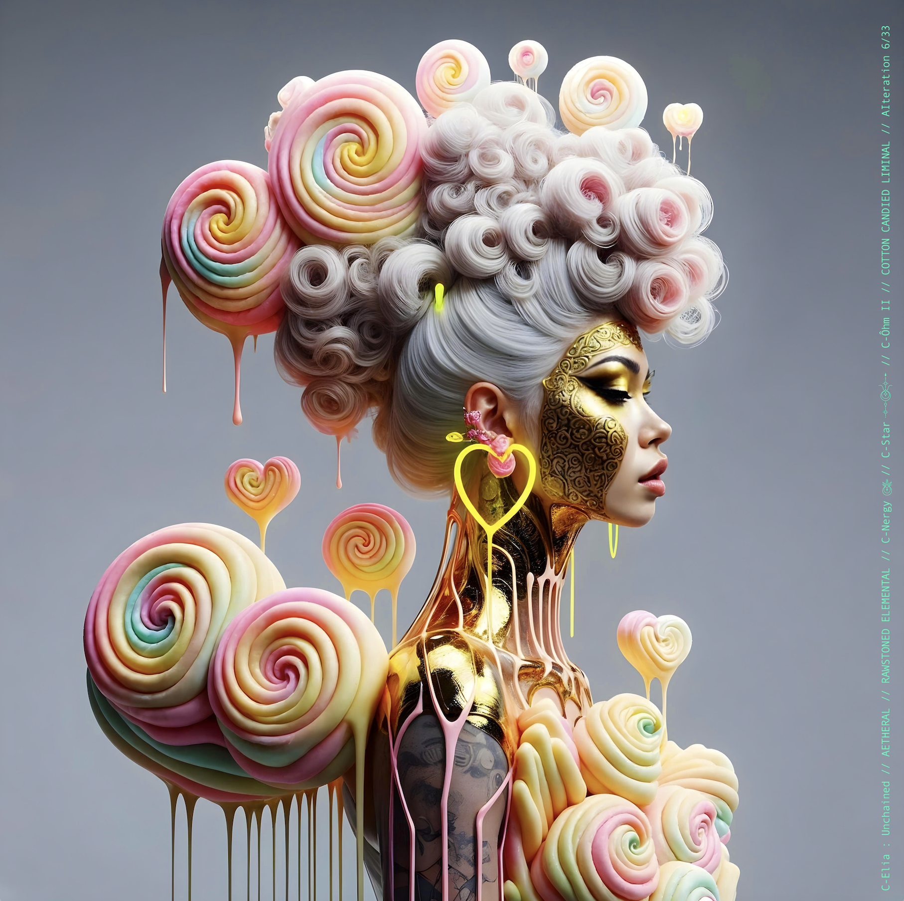 Surreal haute meta couture NFT silhouette from C Elia: Unchained, Cotton Candied Liminal collection, inspired by pastel cotton candy clouds and Khmer gold tattoos, merging sweetness, rebellion and couture into a living vaporous sculpture.