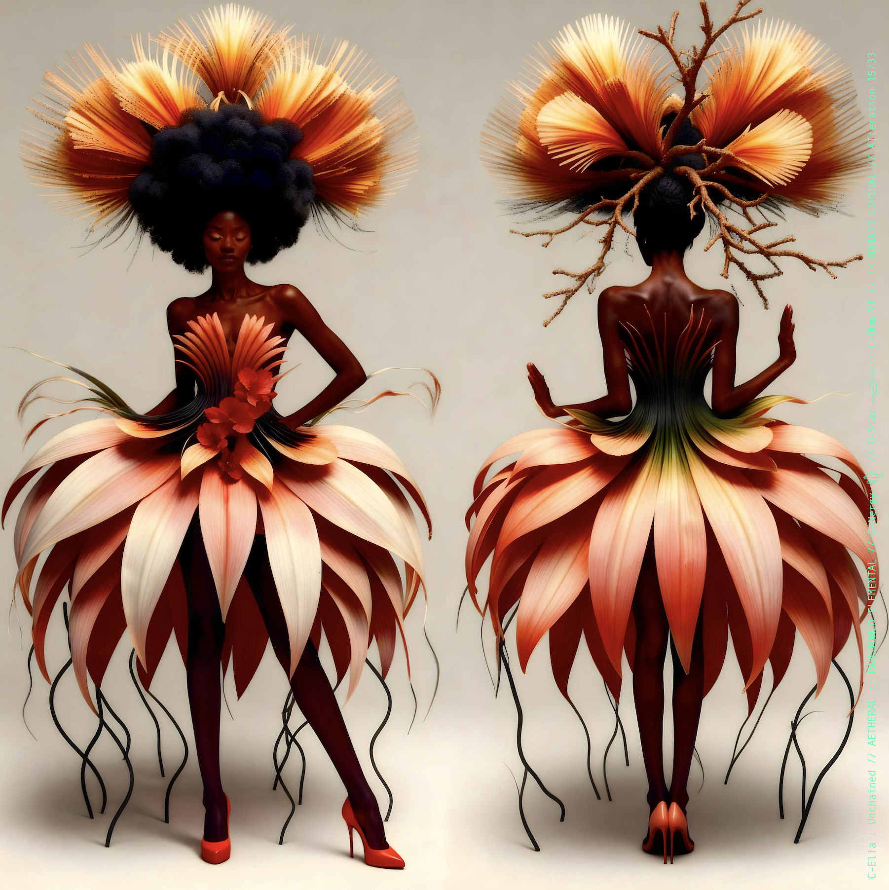 Surreal haute meta couture NFT silhouette from C-Elia: Unchained, Ikebanaed Liminal collection, inspired by floral architecture and Japanese composition, merging nature, geometry and serenity into a living couture sculpture.