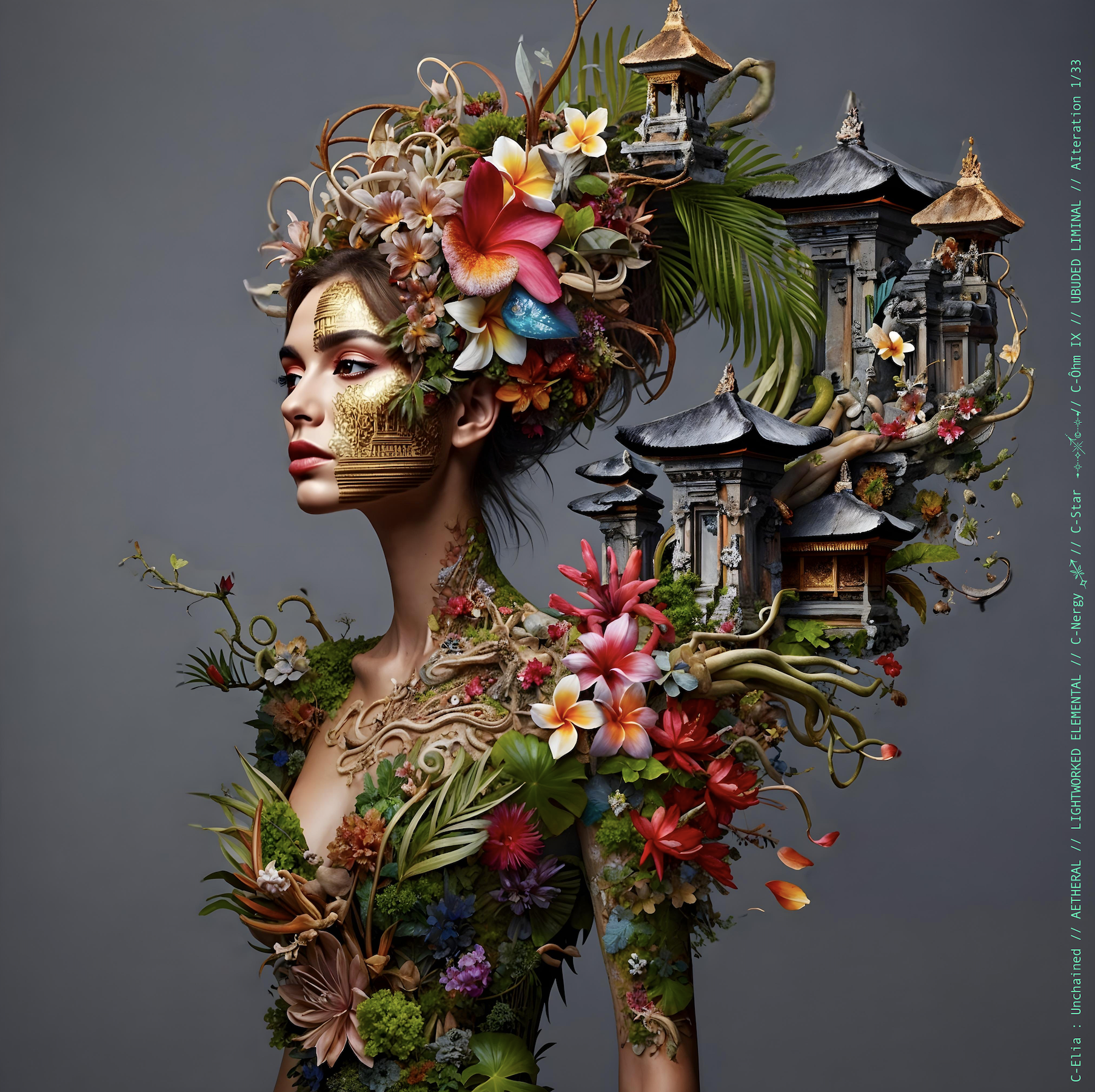Surreal haute meta couture NFT silhouette from C Elia Unchained, Ubuded Liminal collection, merging tropical Balinese garden architecture, volcanic stone, drifting petals, incense smoke and sacred botanical couture inspired by Asian Dub Foundation’s “Witness.”