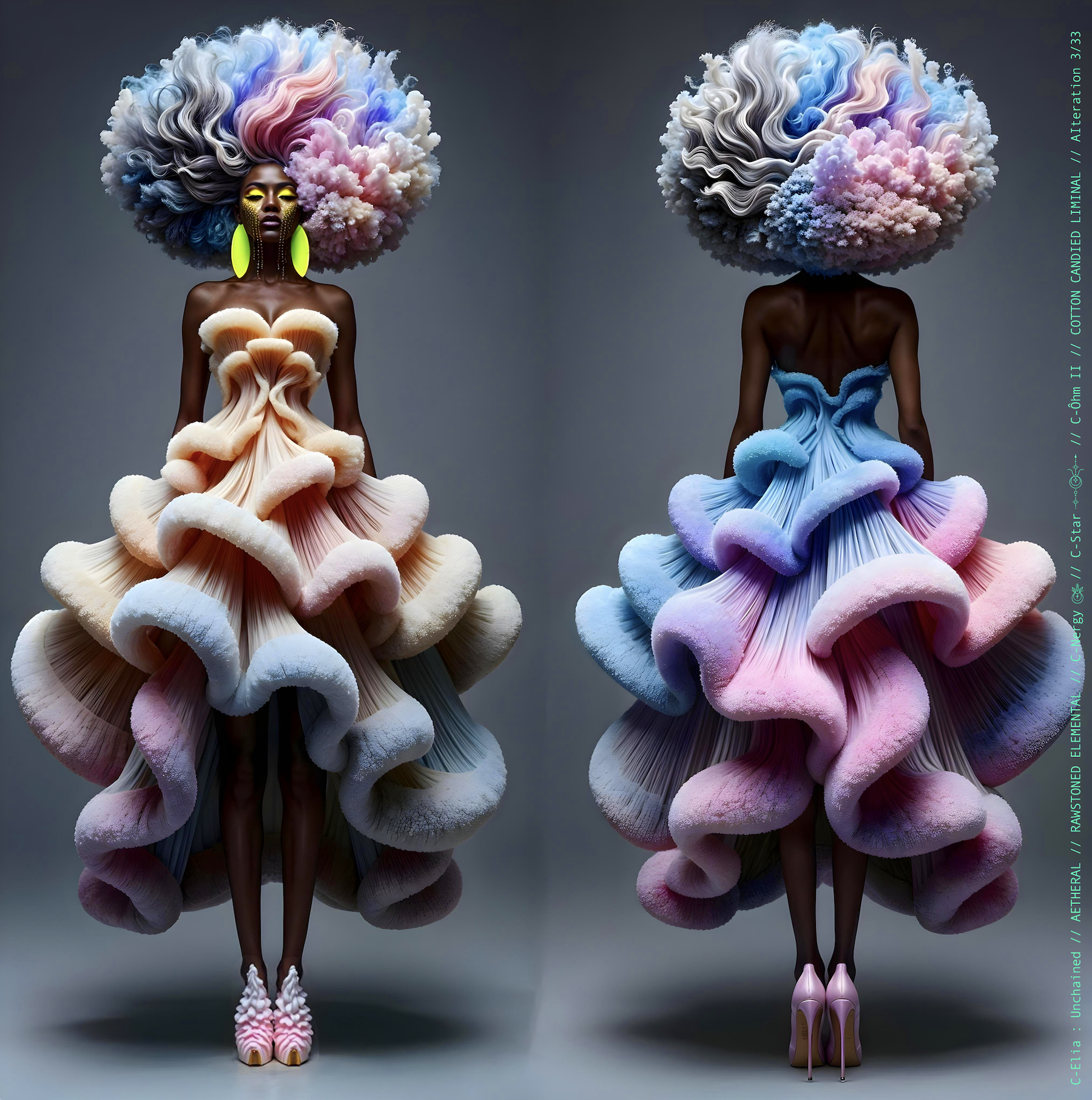 Surreal haute meta couture NFT silhouette from C Elia: Unchained, Cotton Candied Liminal collection, inspired by pastel cotton candy clouds and Khmer gold tattoos, merging sweetness, rebellion and couture into a living vaporous sculpture.