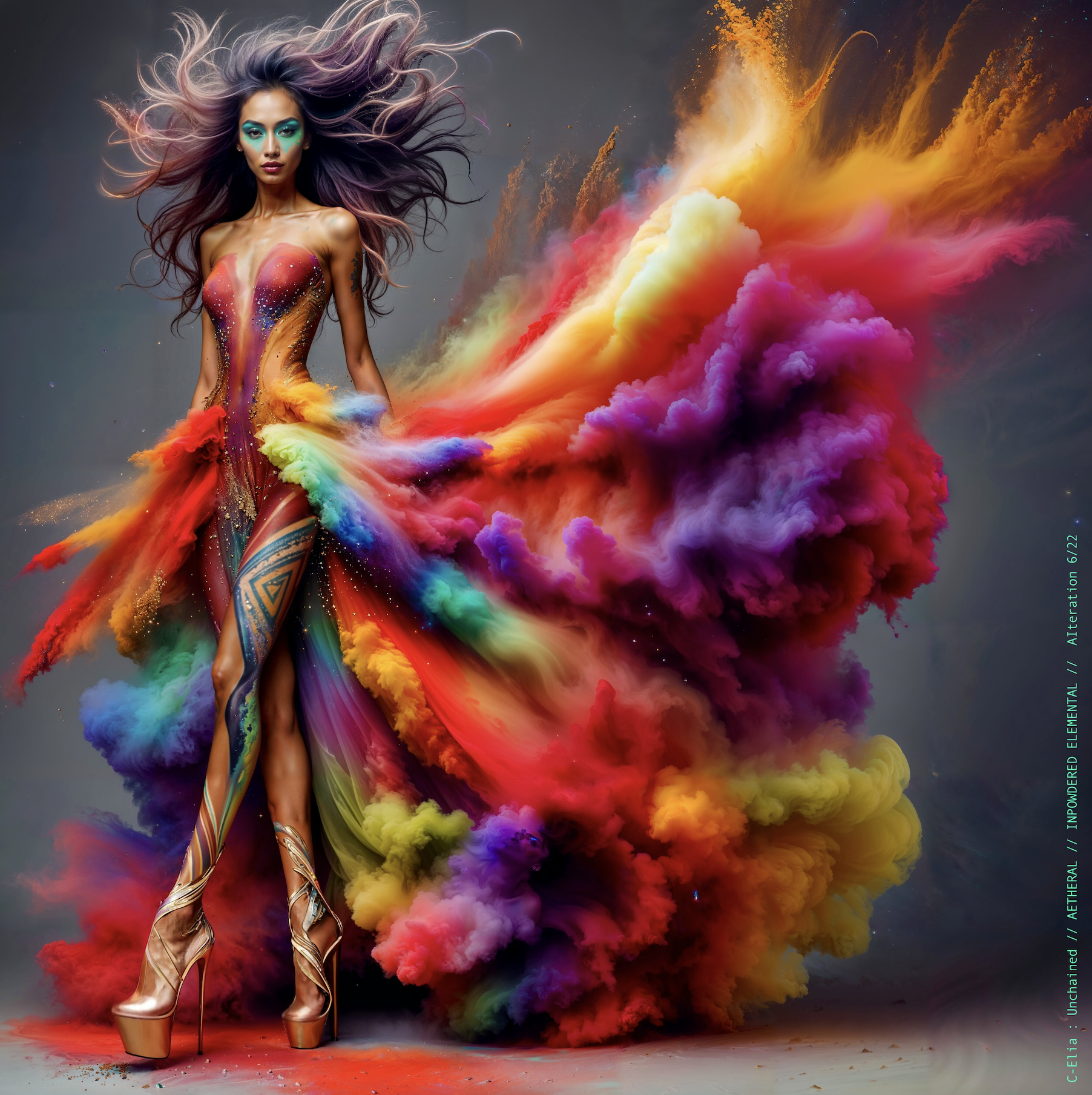Surreal haute meta couture NFT silhouette from C Elia Unchained, Impowdered Elemental collection, formed from airborne rainbow powders, vaporous chromatic clouds and wind-sculpted avant garde couture.