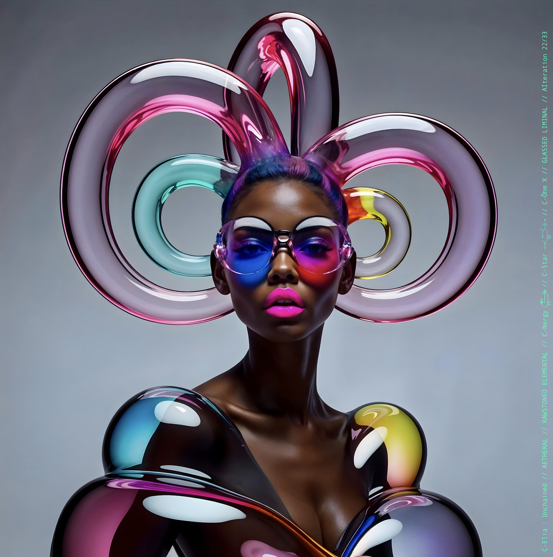 Surreal haute meta couture NFT silhouette from C-Elia: Unchained, Glassed Liminal collection, inspired by blown glass and molten light, merging fragility, transparency and grandeur into an avant garde architectural couture sculpture.
