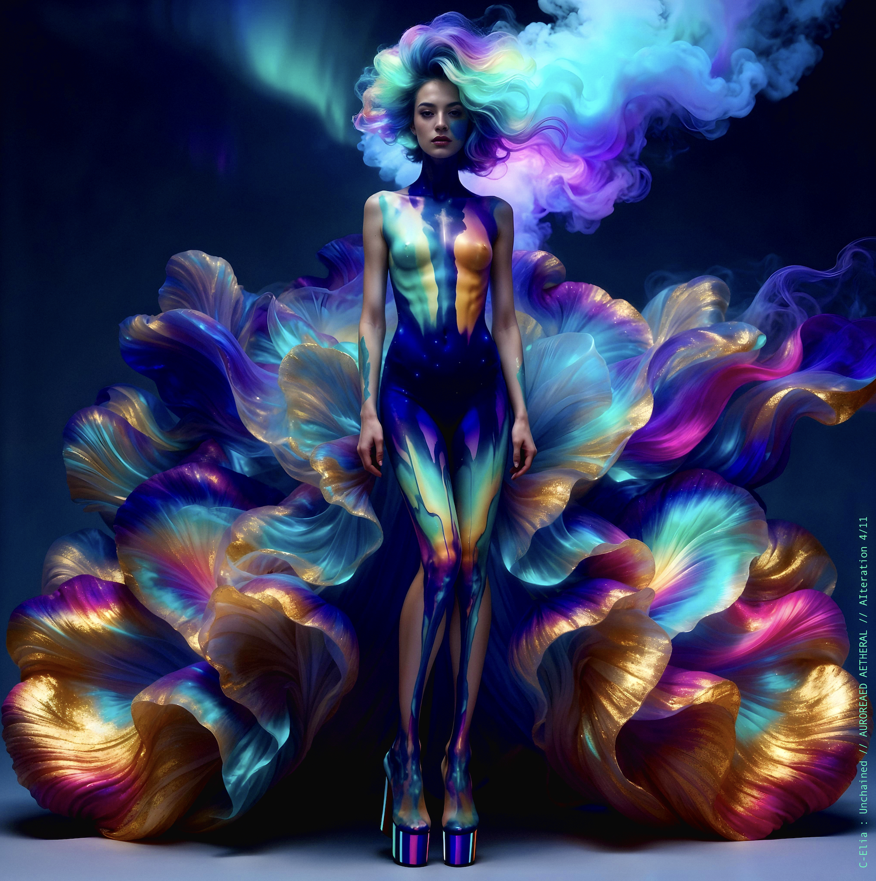 Surreal haute meta couture NFT silhouette from C Elia Unchained, Auroreaed Aetheral collection, formed from aurora borealis clouds, vaporous gradients, celestial mist and atmospheric couture inspired by M I A’s Matangi Mixtape by Kenzo.