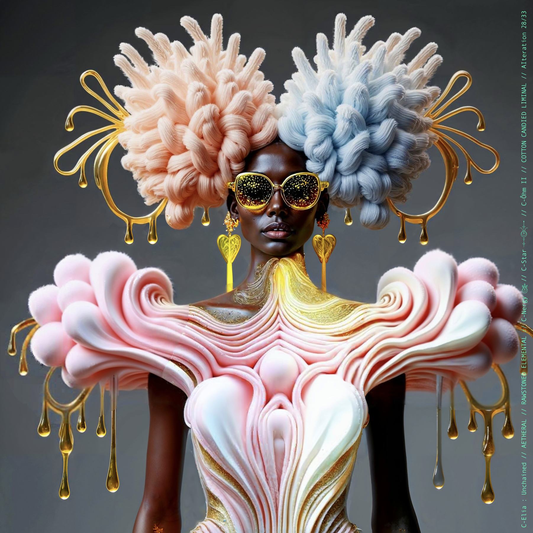 Surreal haute meta couture NFT silhouette from C Elia: Unchained, Cotton Candied Liminal collection, inspired by pastel cotton candy clouds and Khmer gold tattoos, merging sweetness, rebellion and couture into a living vaporous sculpture.