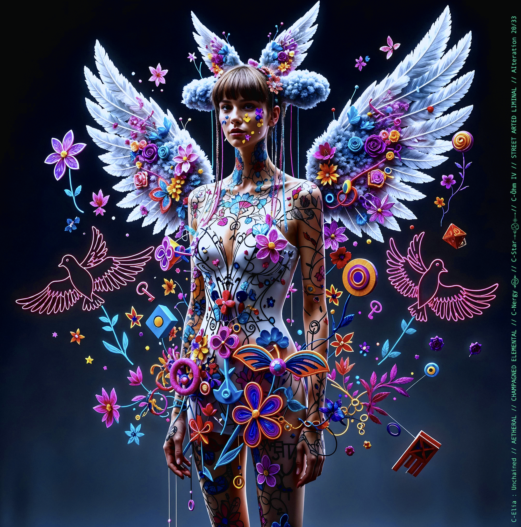 Surreal haute meta couture NFT silhouette from C Elia Unchained, Streetarted Liminal collection, merging liquid graffiti textures, neon mist, chromatic drips and atmospheric street-paint couture.